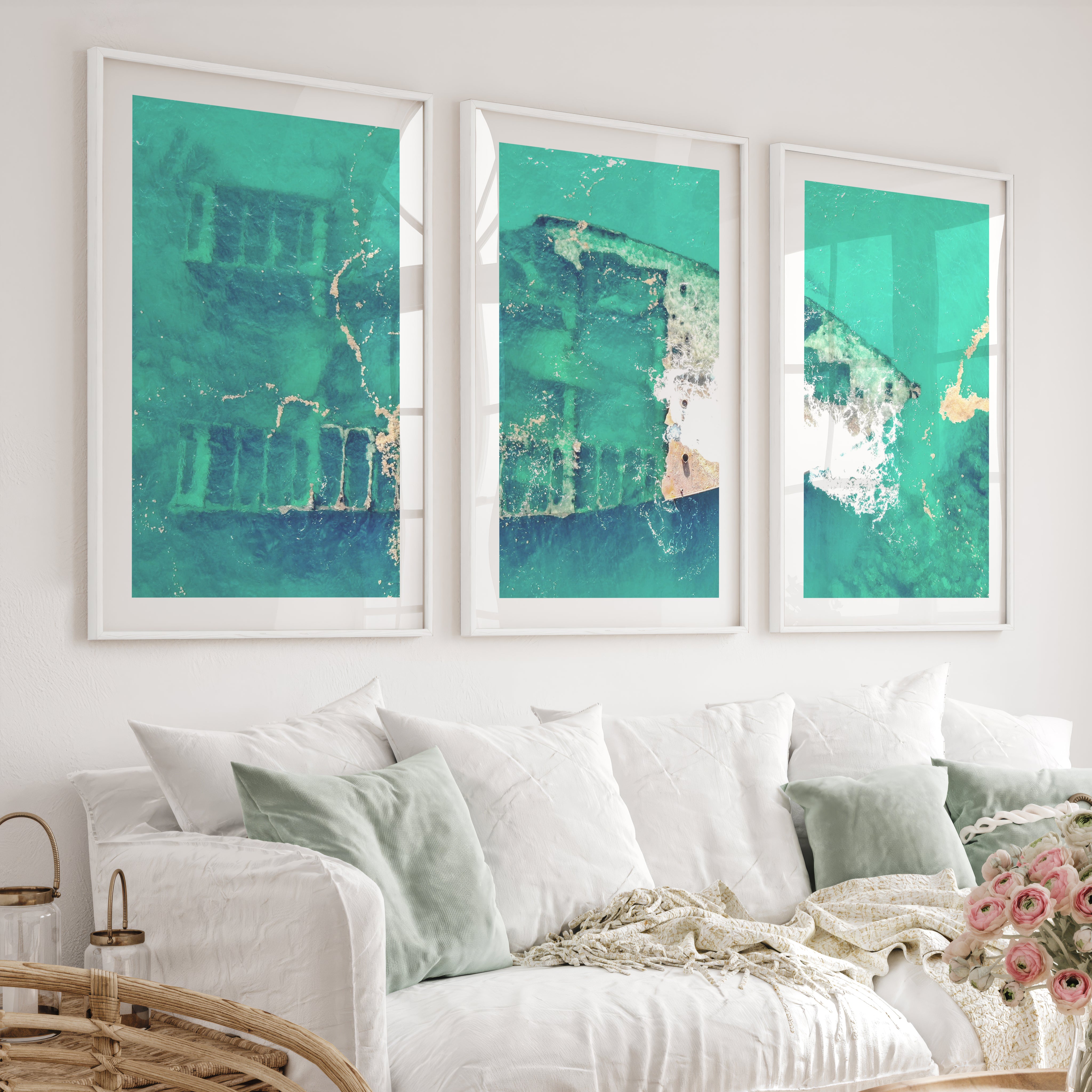 Aerial Shipwreck ocean themed wall decor - White Framed Poster with White Border - Artworksets