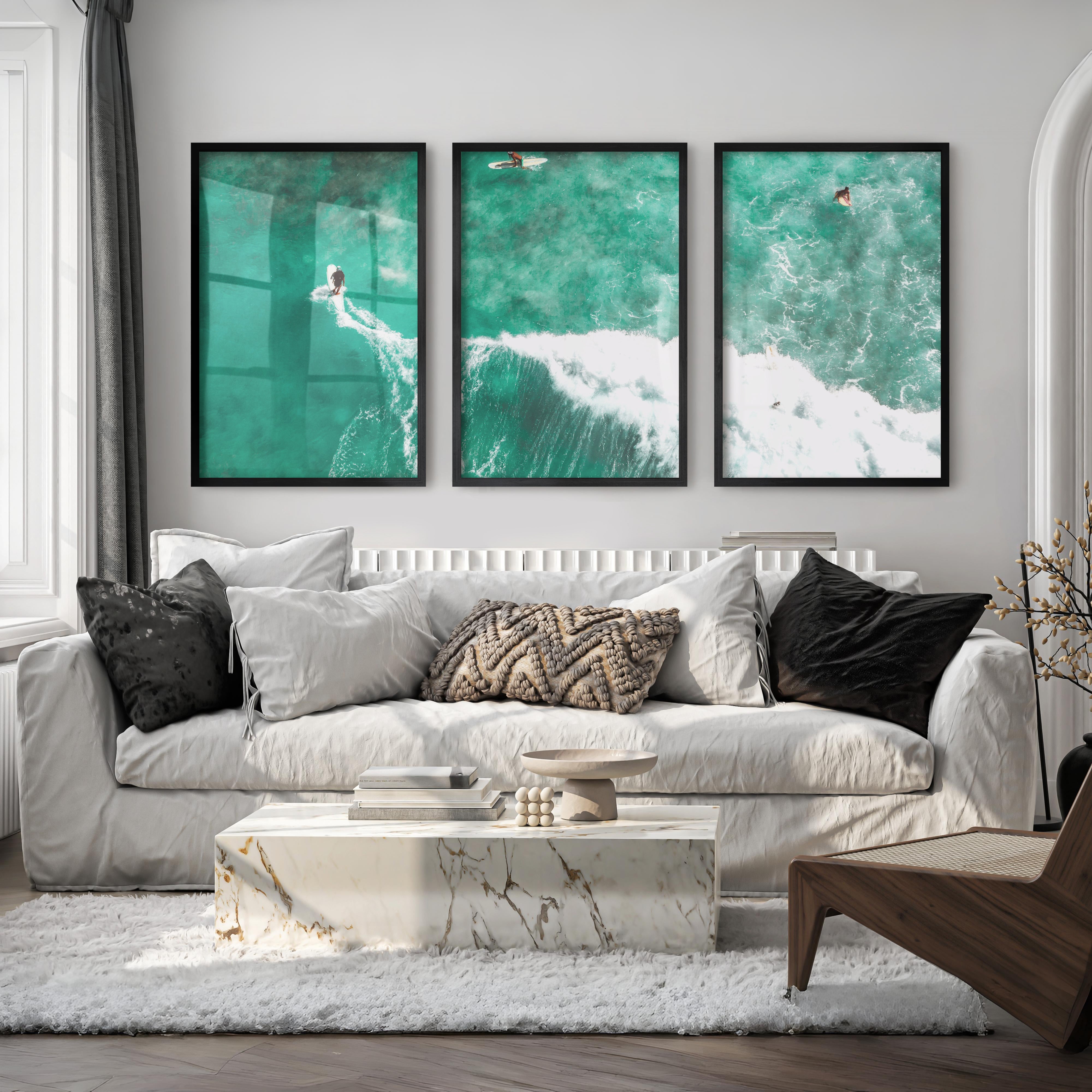 Aerial Surfers Ocean Themed Wall Decor - Black Framed Poster No Border - Artworksets