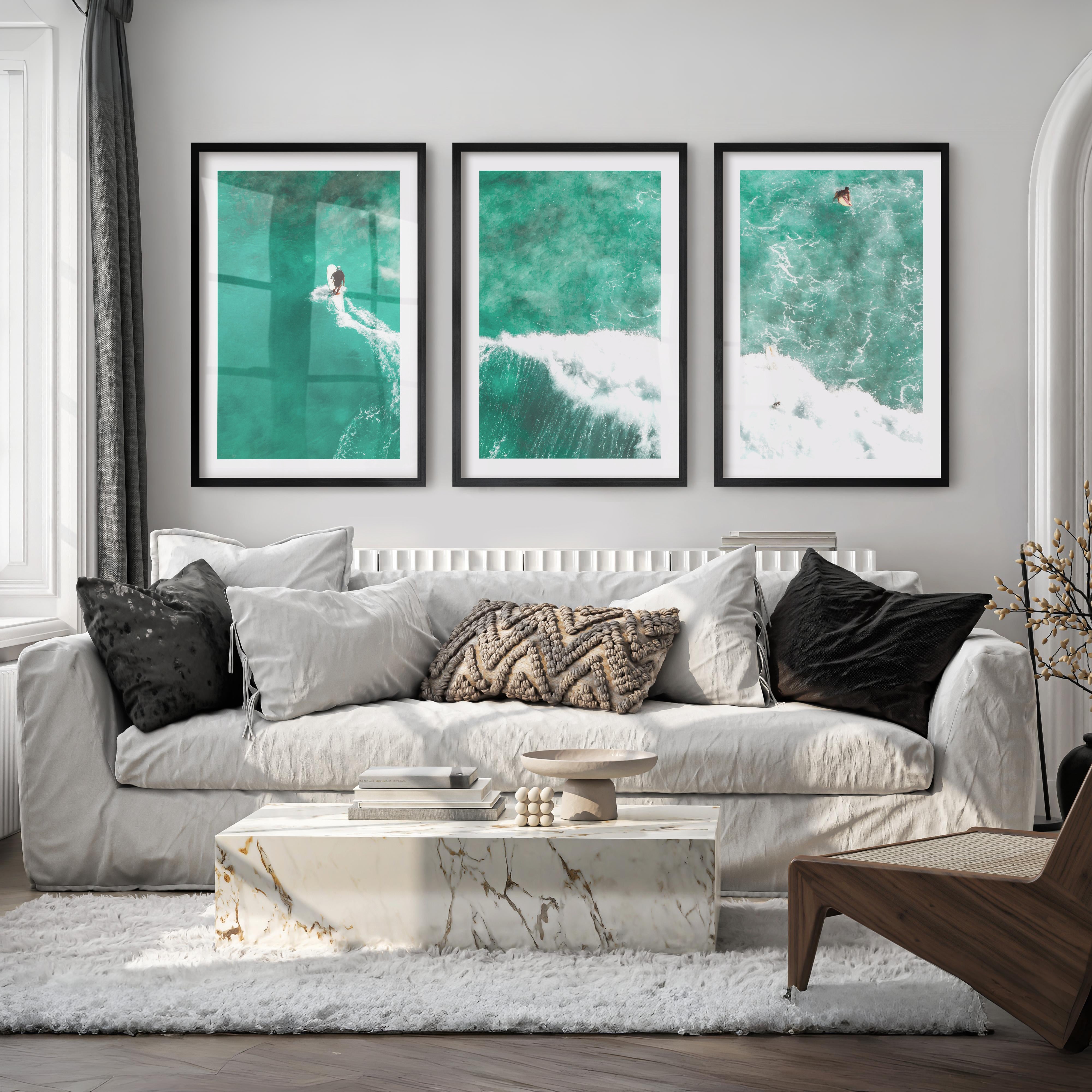 Aerial Surfers Ocean Themed Wall Decor - Black Framed Poster with White Border - Artworksets