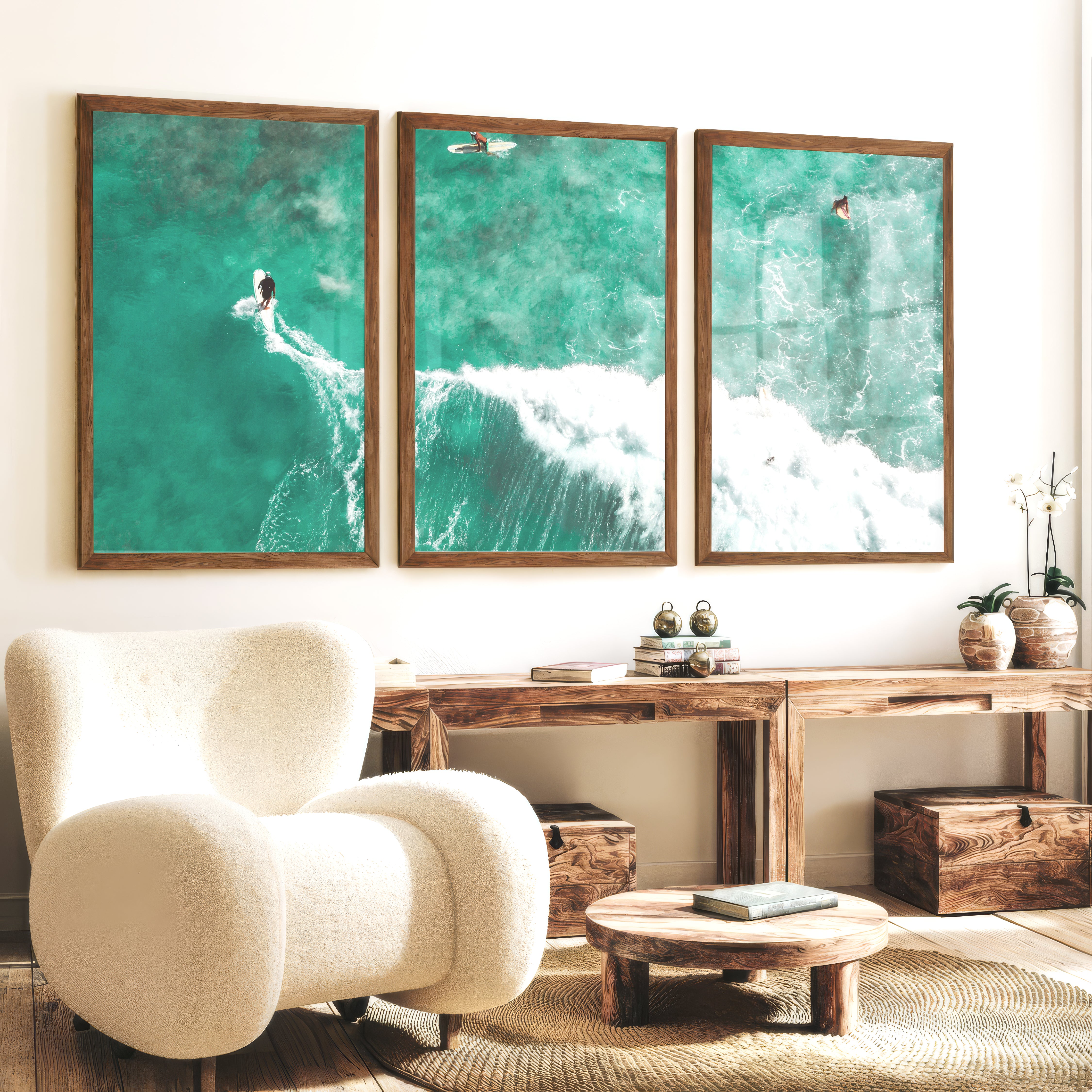 Aerial Surfers Ocean Themed Wall Decor - Dark Brown Framed Poster No Border - Artworksets