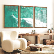 Aerial Surfers Ocean Themed Wall Decor - Dark Brown Framed Poster No Border - Artworksets