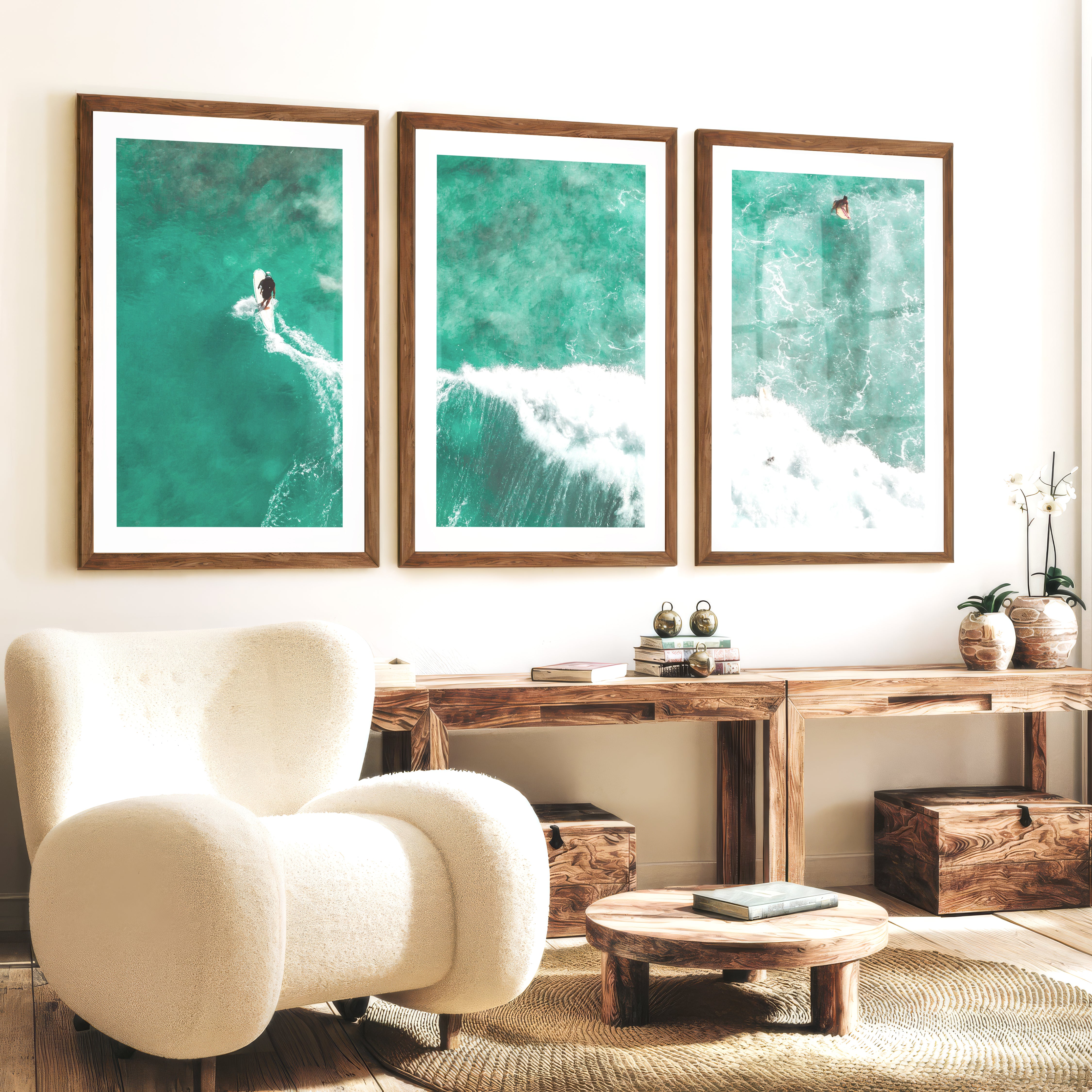 Aerial Surfers Ocean Themed Wall Decor - Dark Brown Framed Poster with White Border - Artworksets
