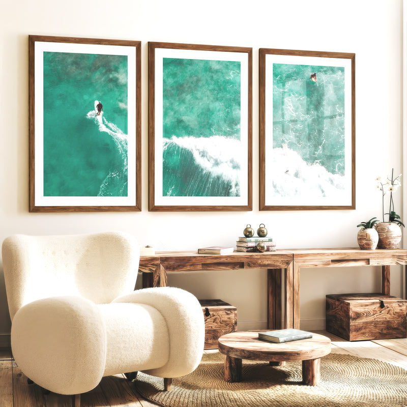 Aerial Surfers Ocean Themed Wall Decor - Dark Brown Framed Poster with White Border - Artworksets