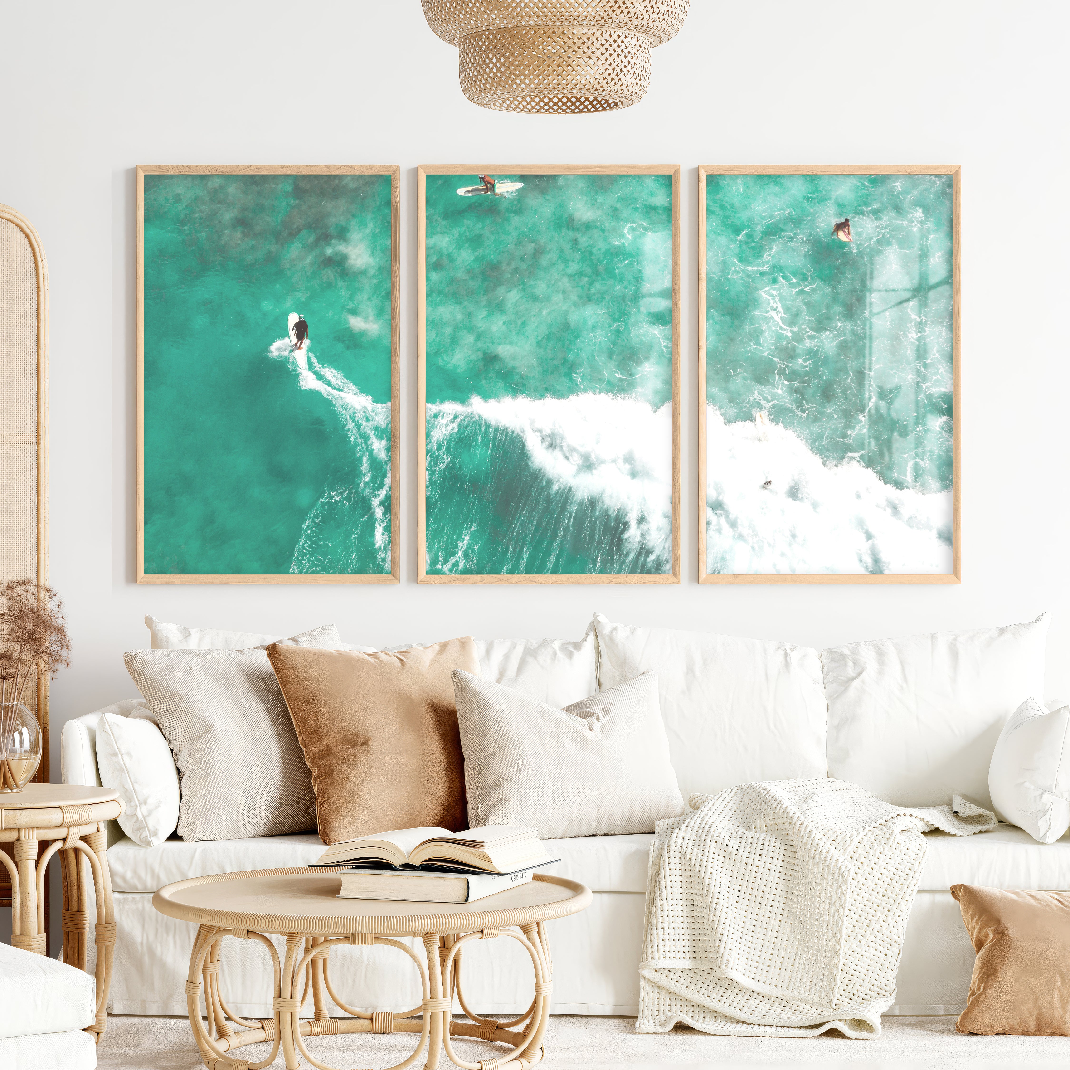 Aerial Surfers Ocean Themed Wall Decor - Natural Wood Framed Poster No Border - Artworksets