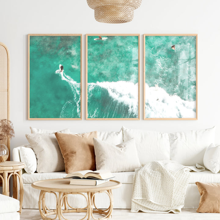 Aerial Surfers Ocean Themed Wall Decor - Natural Wood Framed Poster No Border - Artworksets