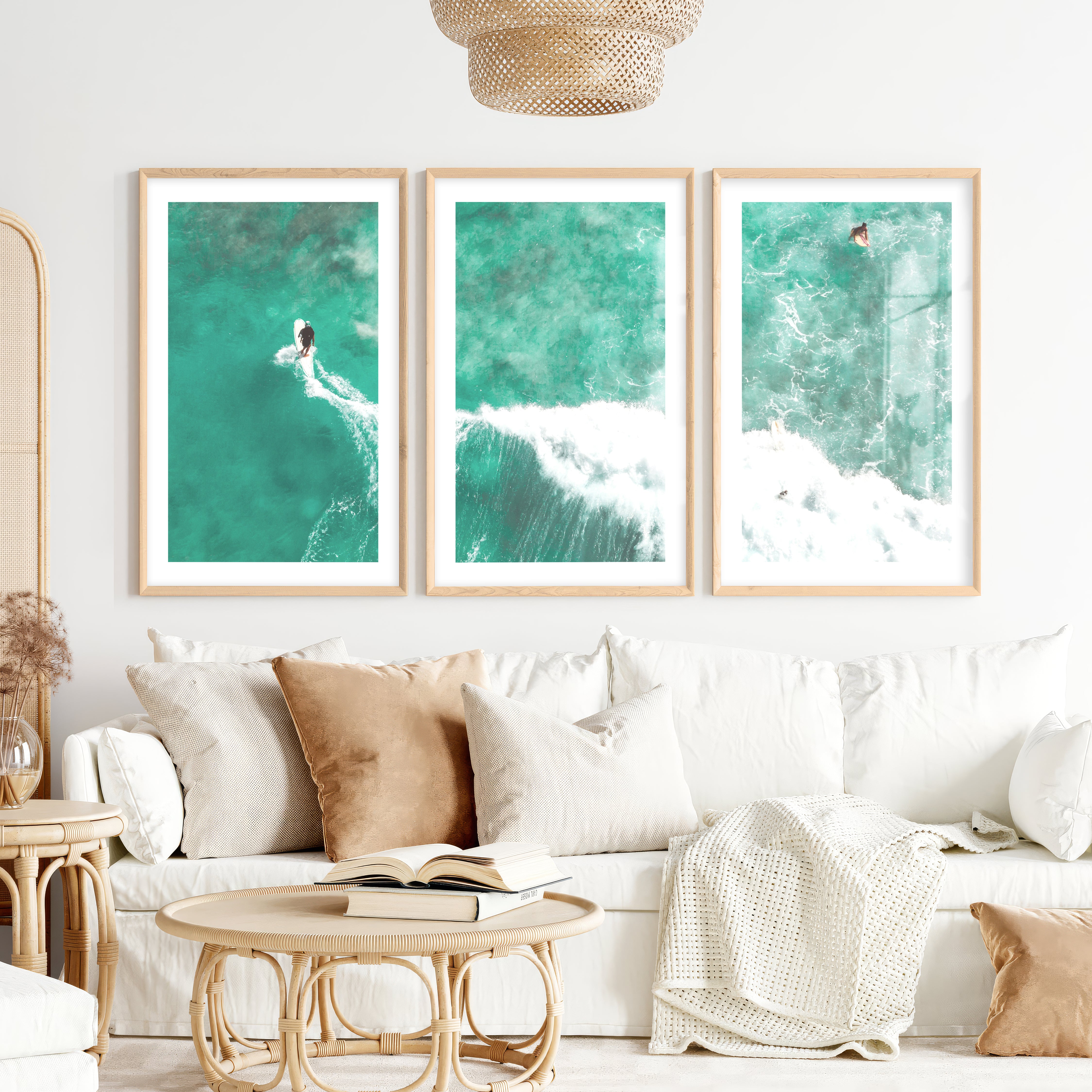 Aerial Surfers Ocean Themed Wall Decor- Natural Wood Framed Poster with White Border - Artworksets