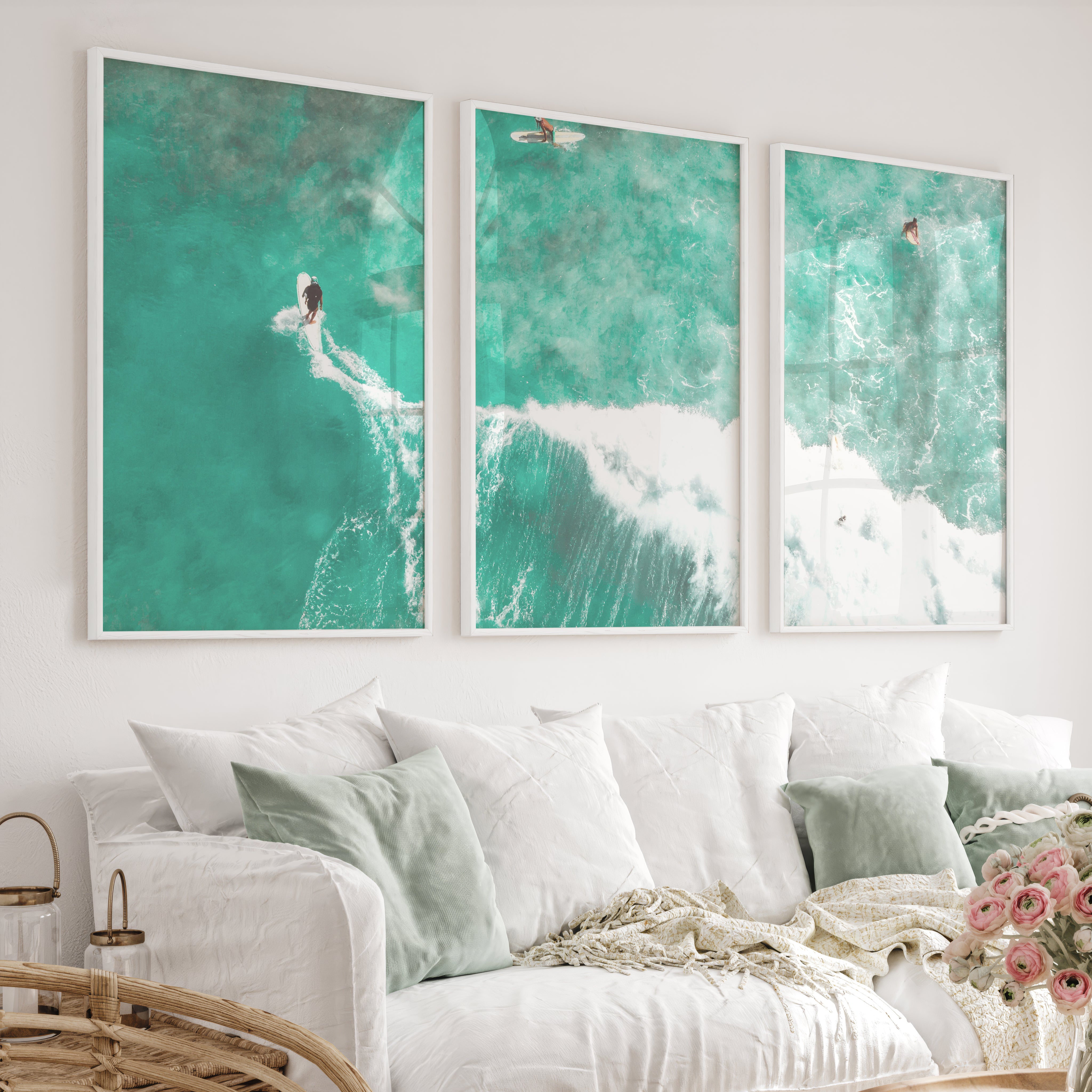 Aerial Surfers Ocean Themed Wall Decor - White Framed Poster No Border - Artworksets