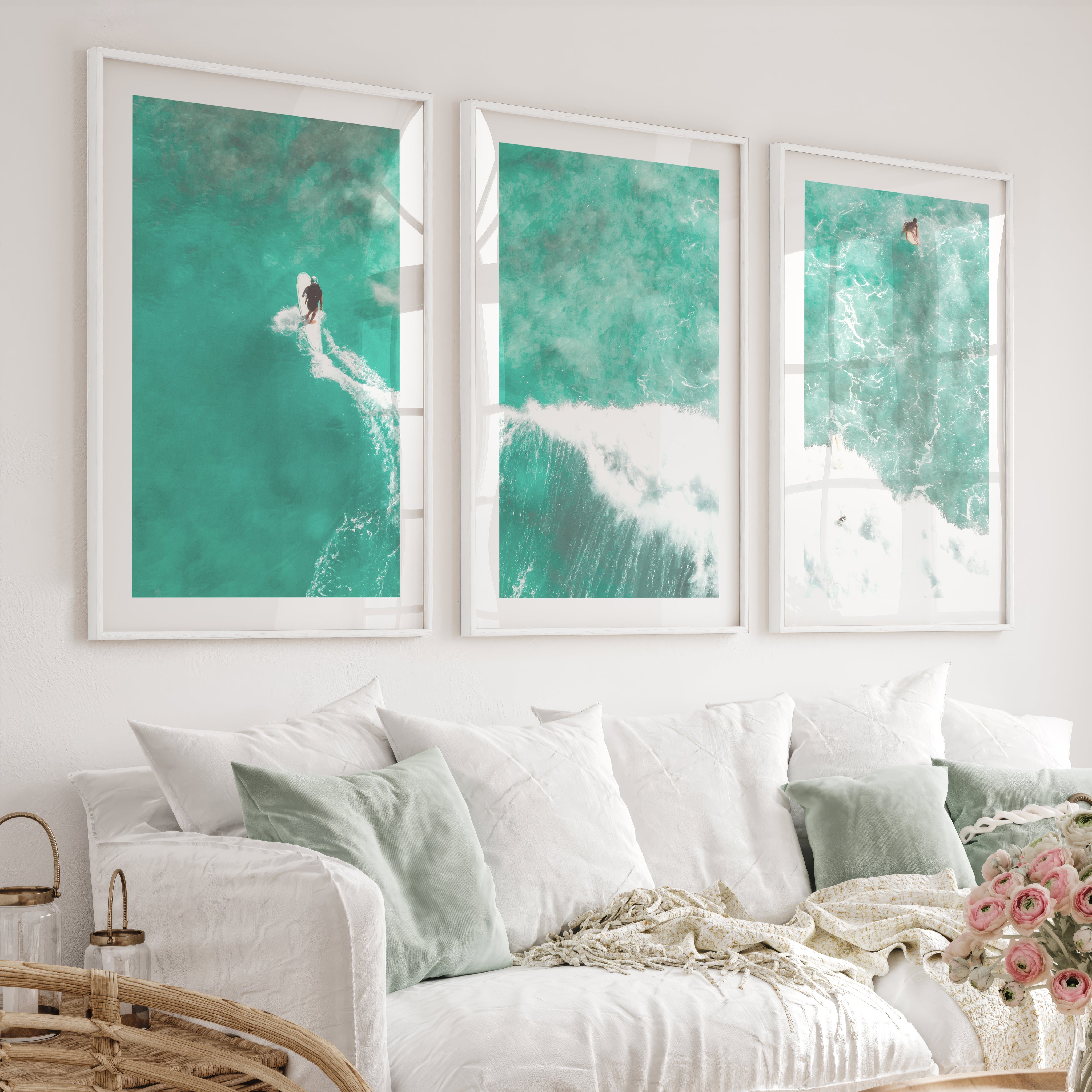 Aerial Surfers Ocean Themed Wall Decor - White Framed Poster with White Border - Artworksets