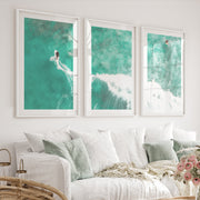 Aerial Surfers Ocean Themed Wall Decor - White Framed Poster with White Border - Artworksets