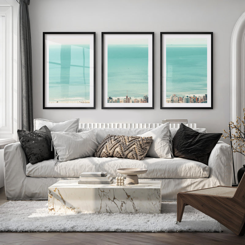 Coastal City Ocean View Art - Black Framed Poster with White Border - Artworksets