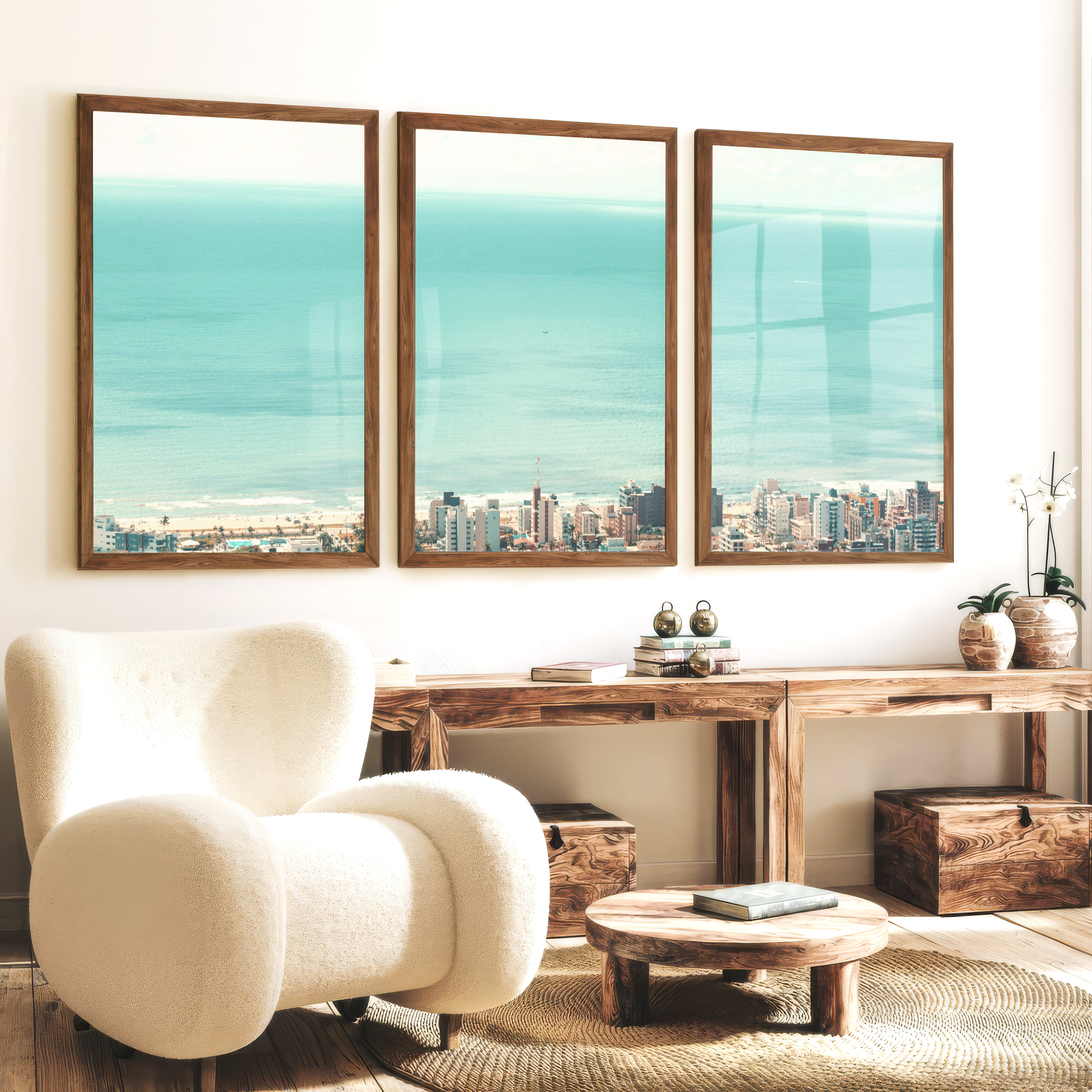 Coastal City Ocean View Art - Dark Brown Framed Poster No Border - Artworksets