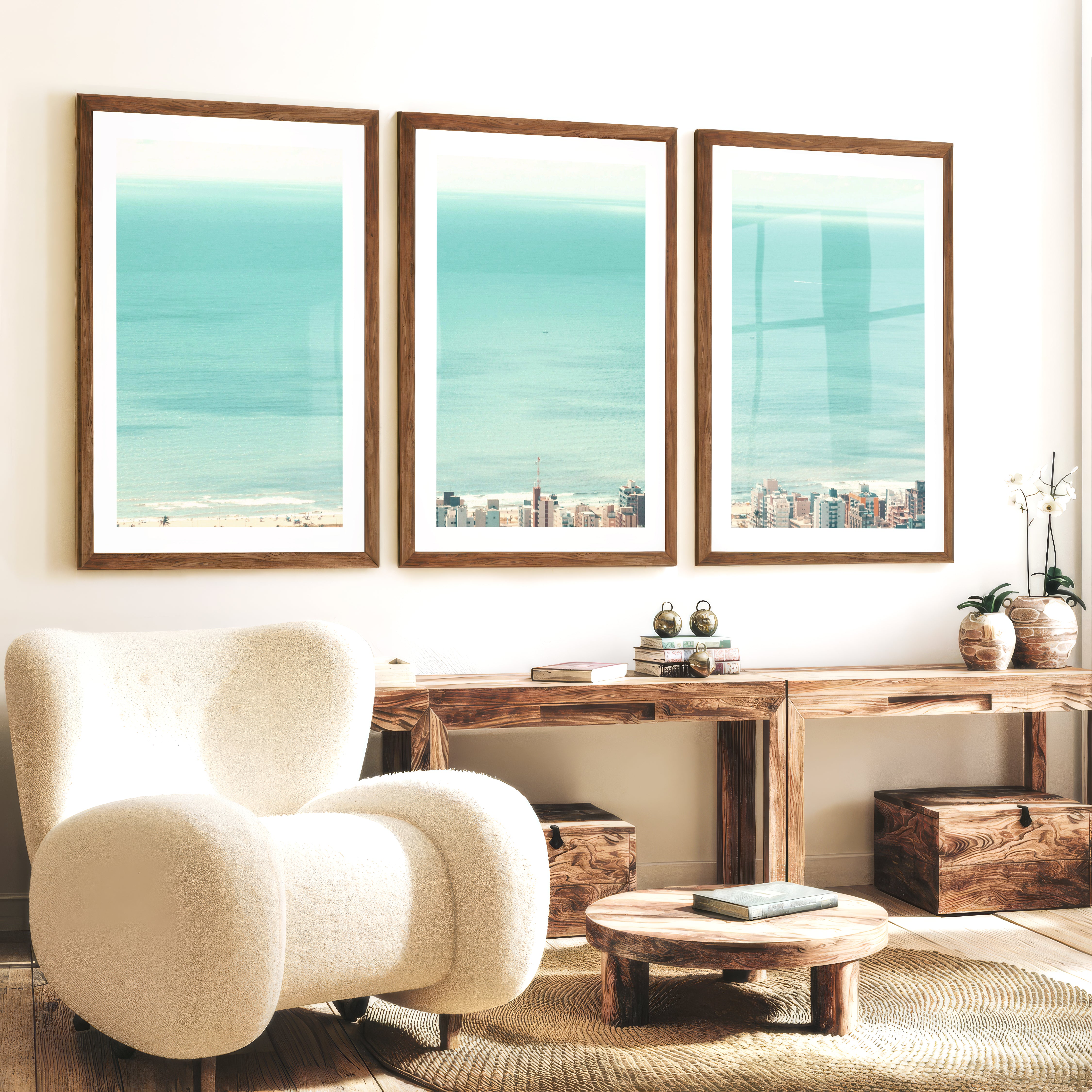 Coastal City Ocean View Art - Dark Brown Framed Poster with White Border - Artworksets