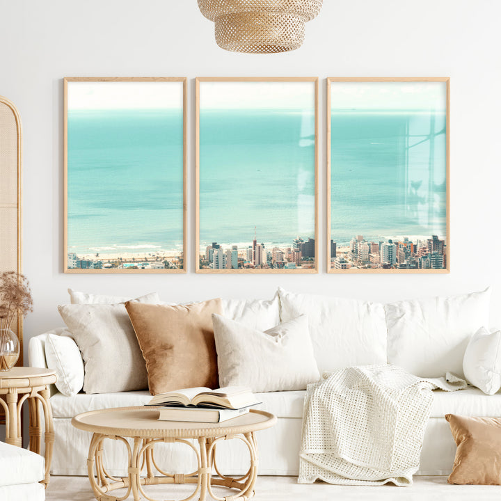 Coastal City Ocean View Art - Natural Wood Framed Poster No Border - Artworksets