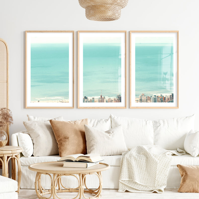 Coastal City Ocean View Art- Natural Wood Framed Poster with White Border - Artworksets