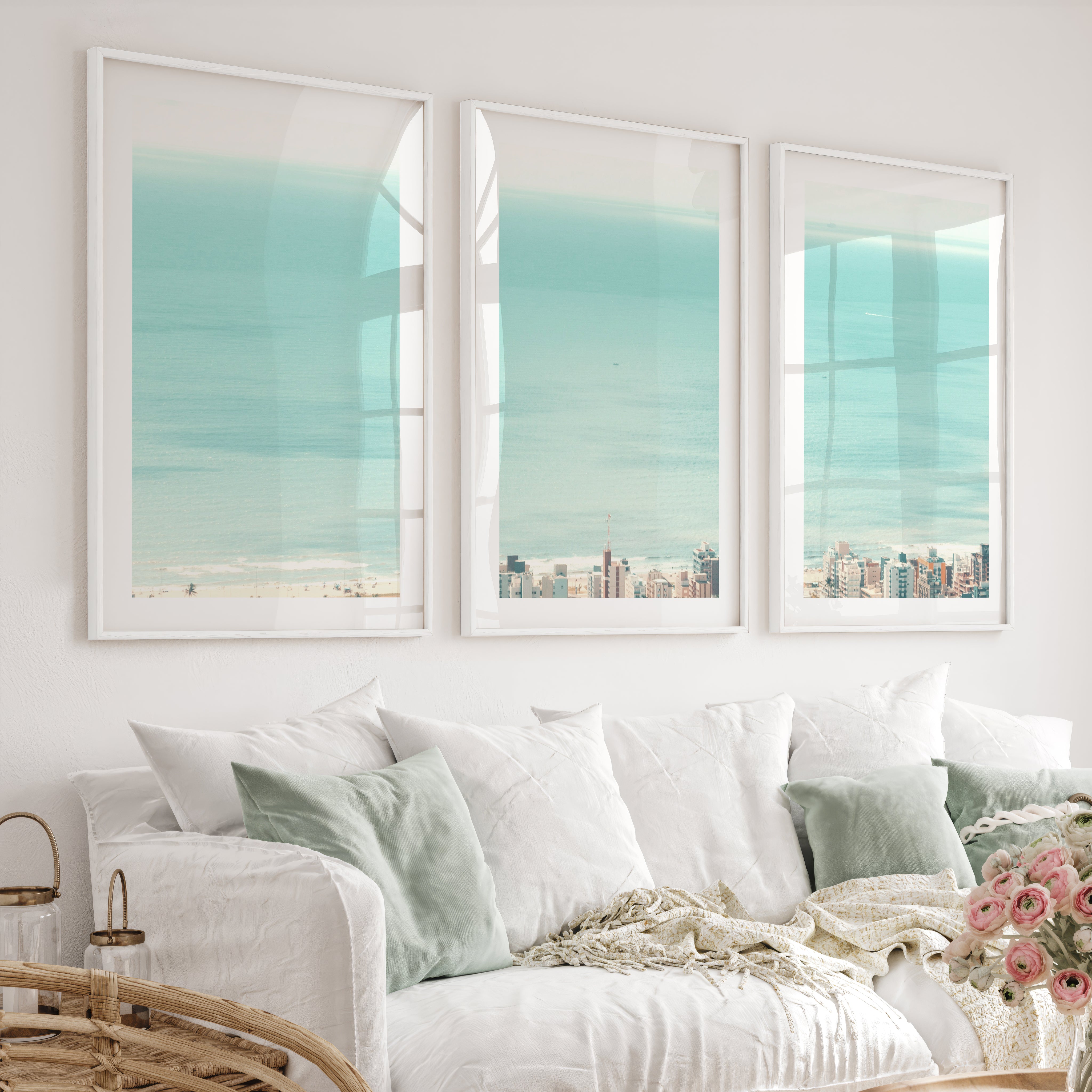 Coastal City Ocean View Art - White Framed Poster with White Border - Artworksets