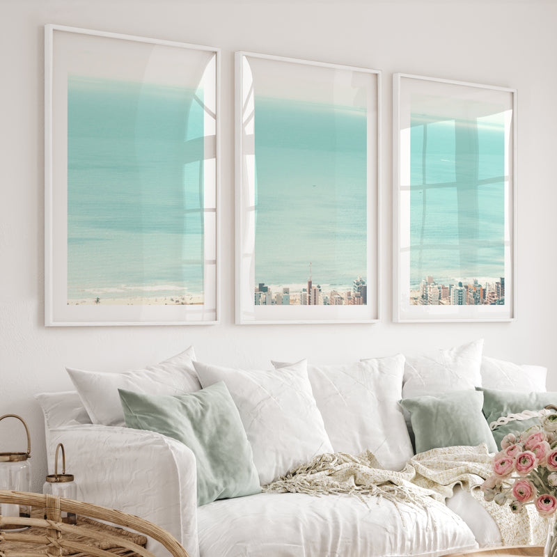Coastal City Ocean View Art - White Framed Poster with White Border - Artworksets