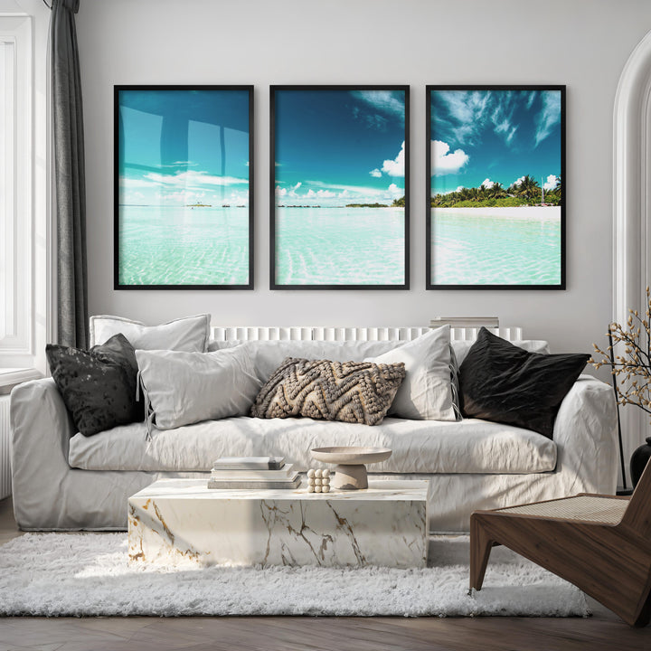 Tropical Lagoon ocean view art with Palm Beach Shore - Black Framed Poster No Border - Artworksets