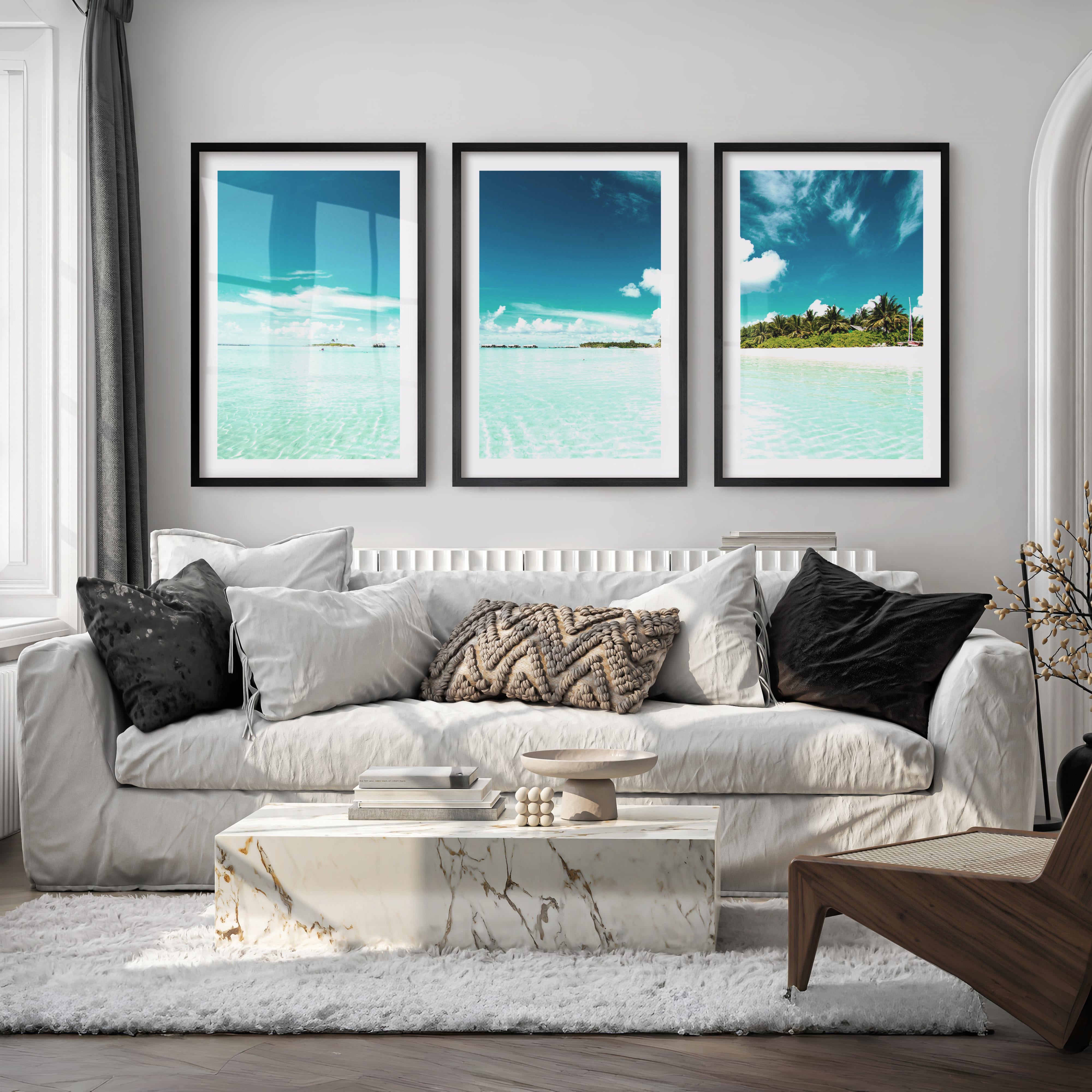 Tropical Lagoon ocean view art with Palm Beach Shore - Black Framed Poster with White Border - Artworksets