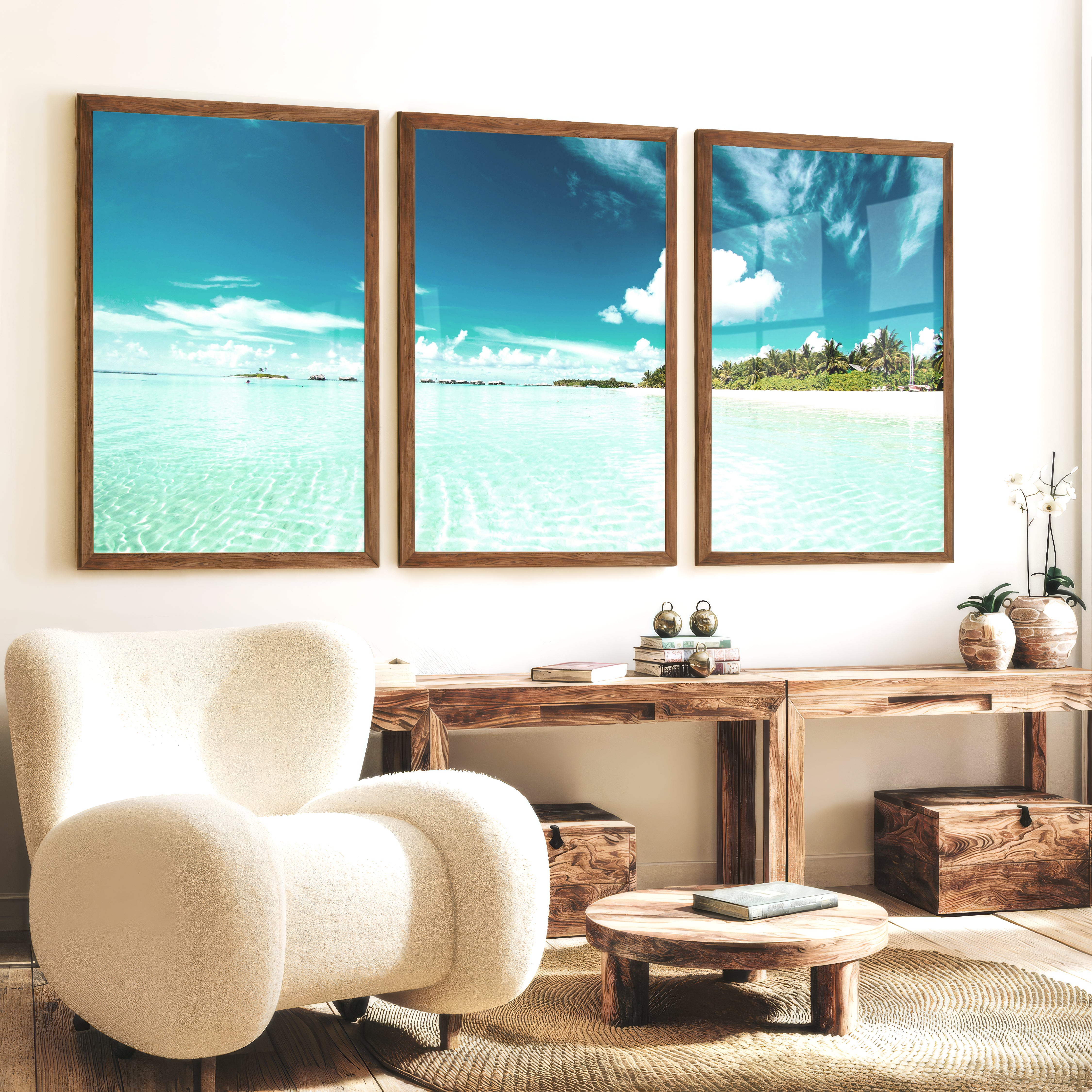 Tropical Lagoon ocean view art with Palm Beach Shore - Dark Brown Framed Poster No Border - Artworksets