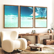 Tropical Lagoon ocean view art with Palm Beach Shore - Dark Brown Framed Poster No Border - Artworksets