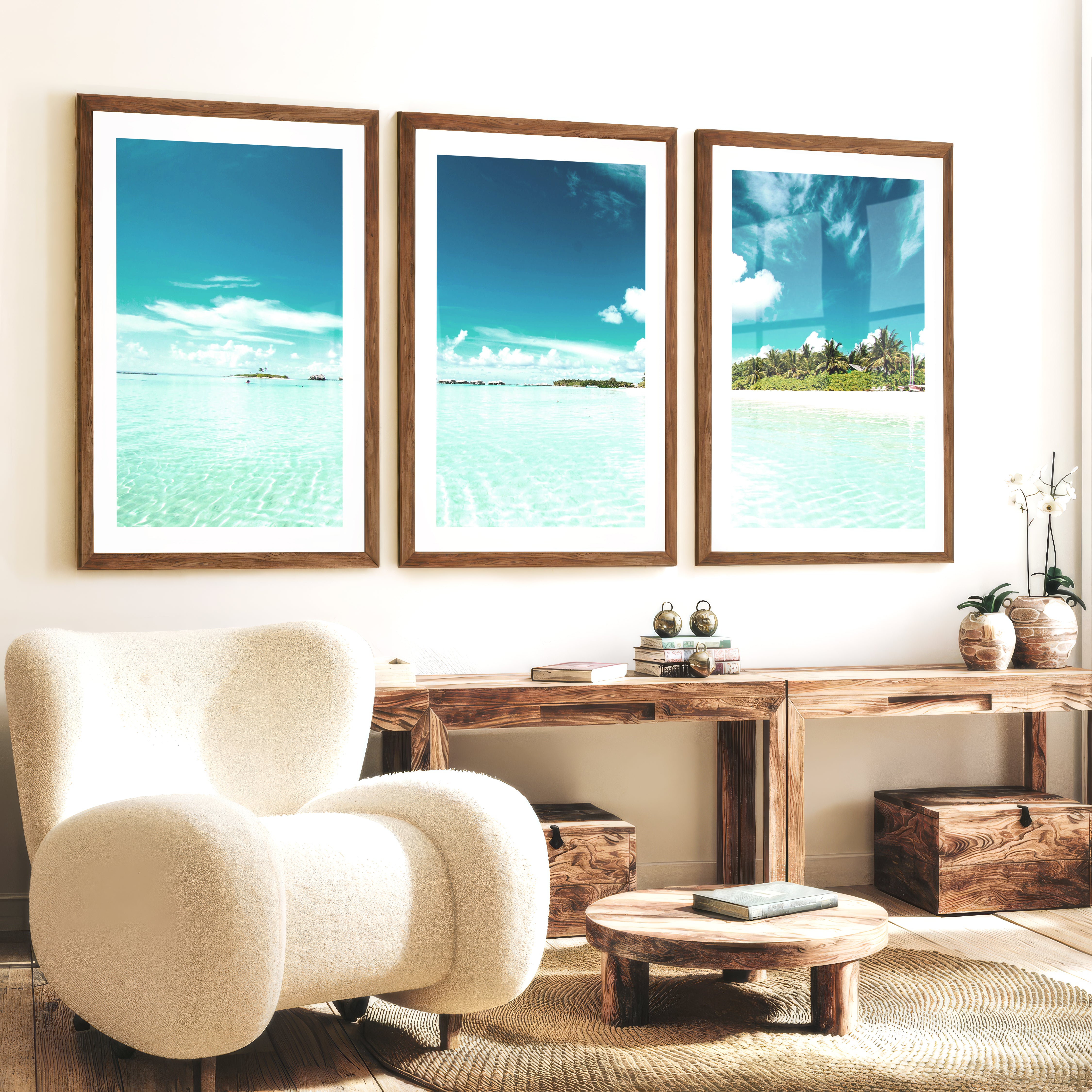 Tropical Lagoon ocean view art with Palm Beach Shore - Dark Brown Framed Poster with White Border - Artworksets