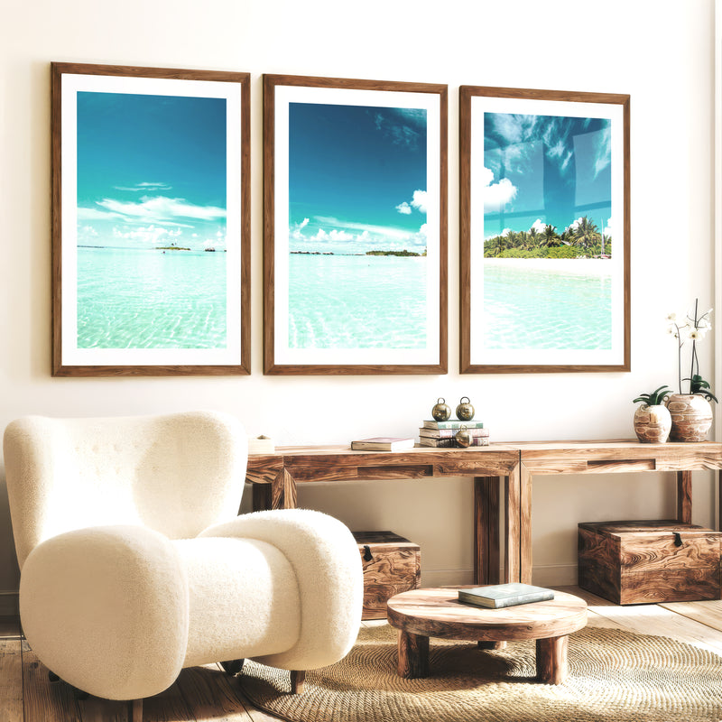 Tropical Lagoon ocean view art with Palm Beach Shore - Dark Brown Framed Poster with White Border - Artworksets