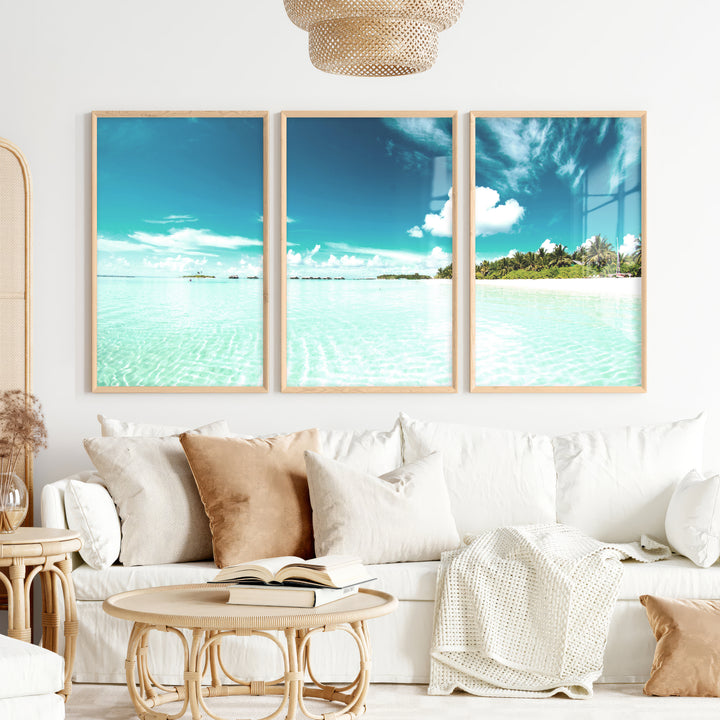 Tropical Lagoon ocean view art with Palm Beach Shore - Natural Wood Framed Poster No Border - Artworksets