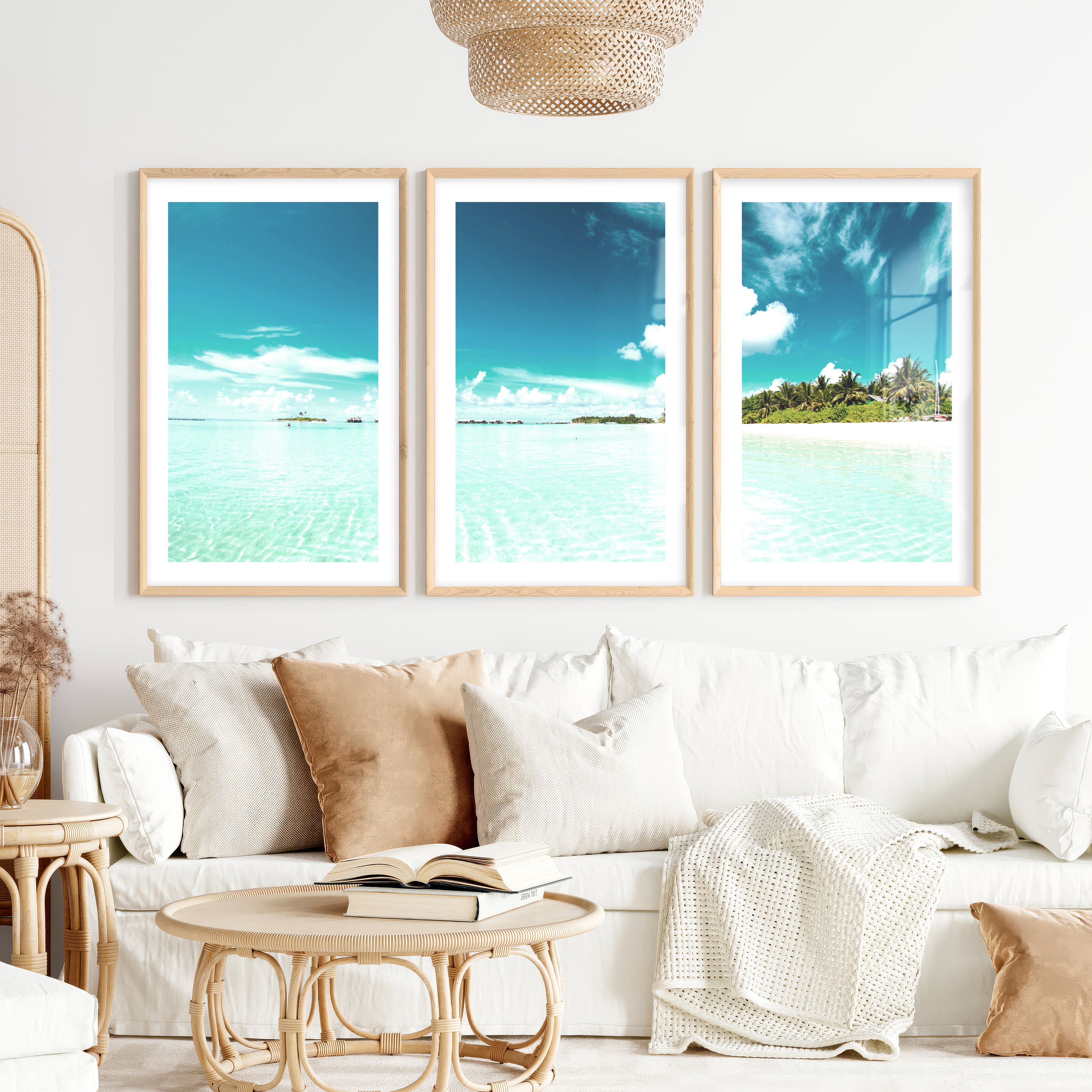 Tropical Lagoon ocean view art with Palm Beach Shore- Natural Wood Framed Poster with White Border - Artworksets