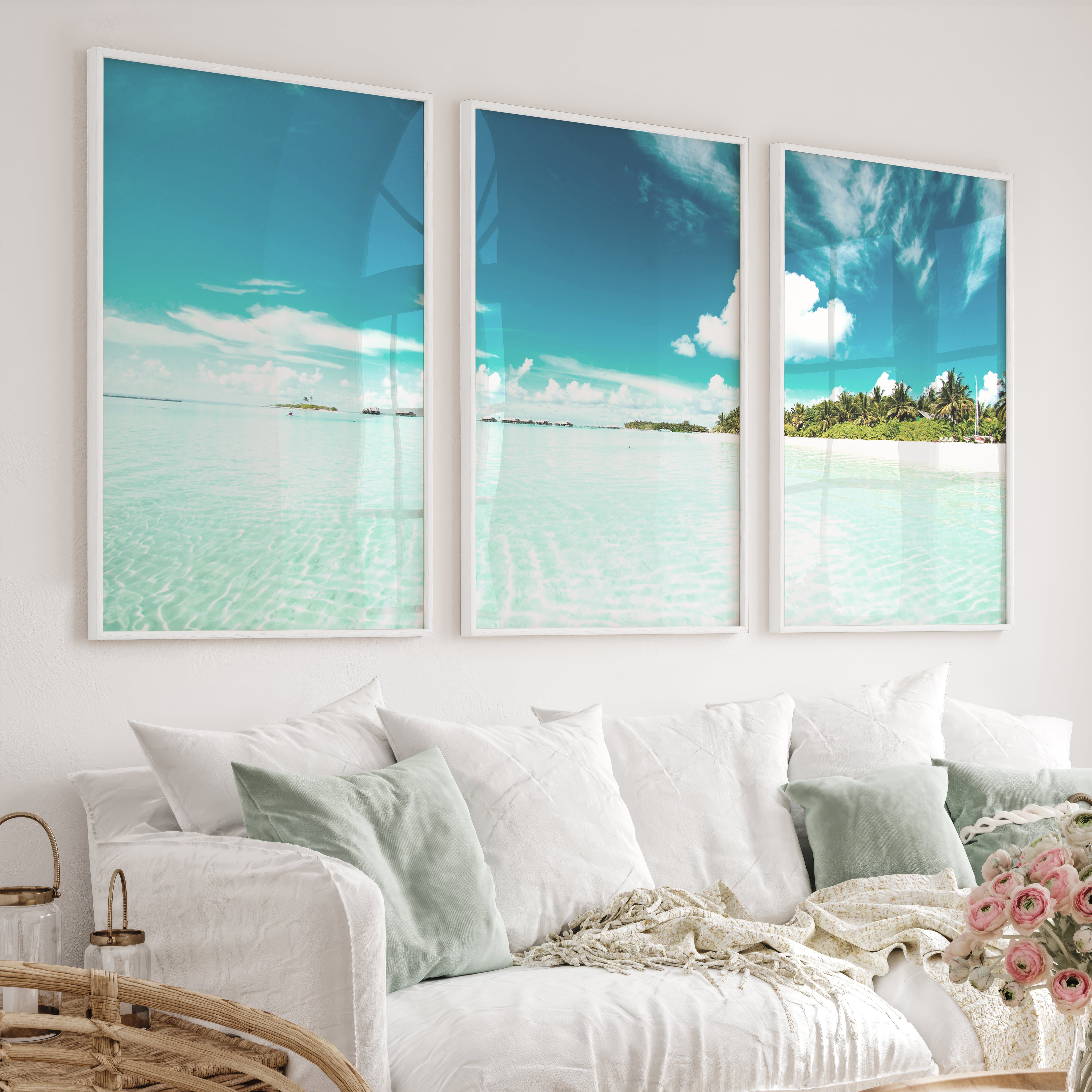 Tropical Lagoon ocean view art with Palm Beach Shore - White Framed Poster No Border - Artworksets