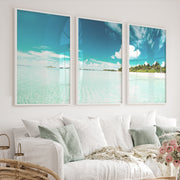 Tropical Lagoon ocean view art with Palm Beach Shore - White Framed Poster No Border - Artworksets