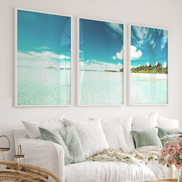 Tropical Lagoon ocean view art with Palm Beach Shore - White Framed Poster No Border - Artworksets