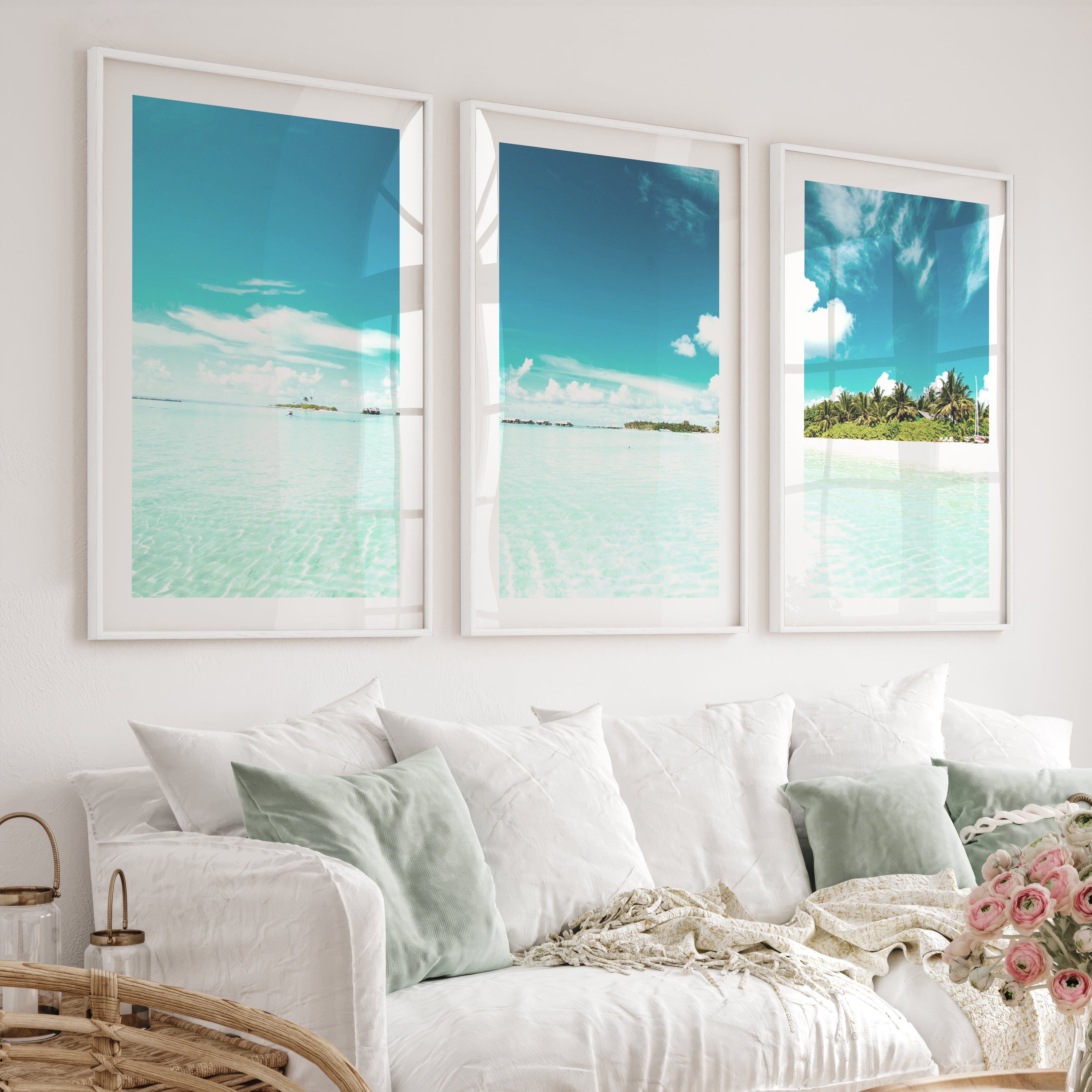 Tropical Lagoon ocean view art with Palm Beach Shore - White Framed Poster with White Border - Artworksets