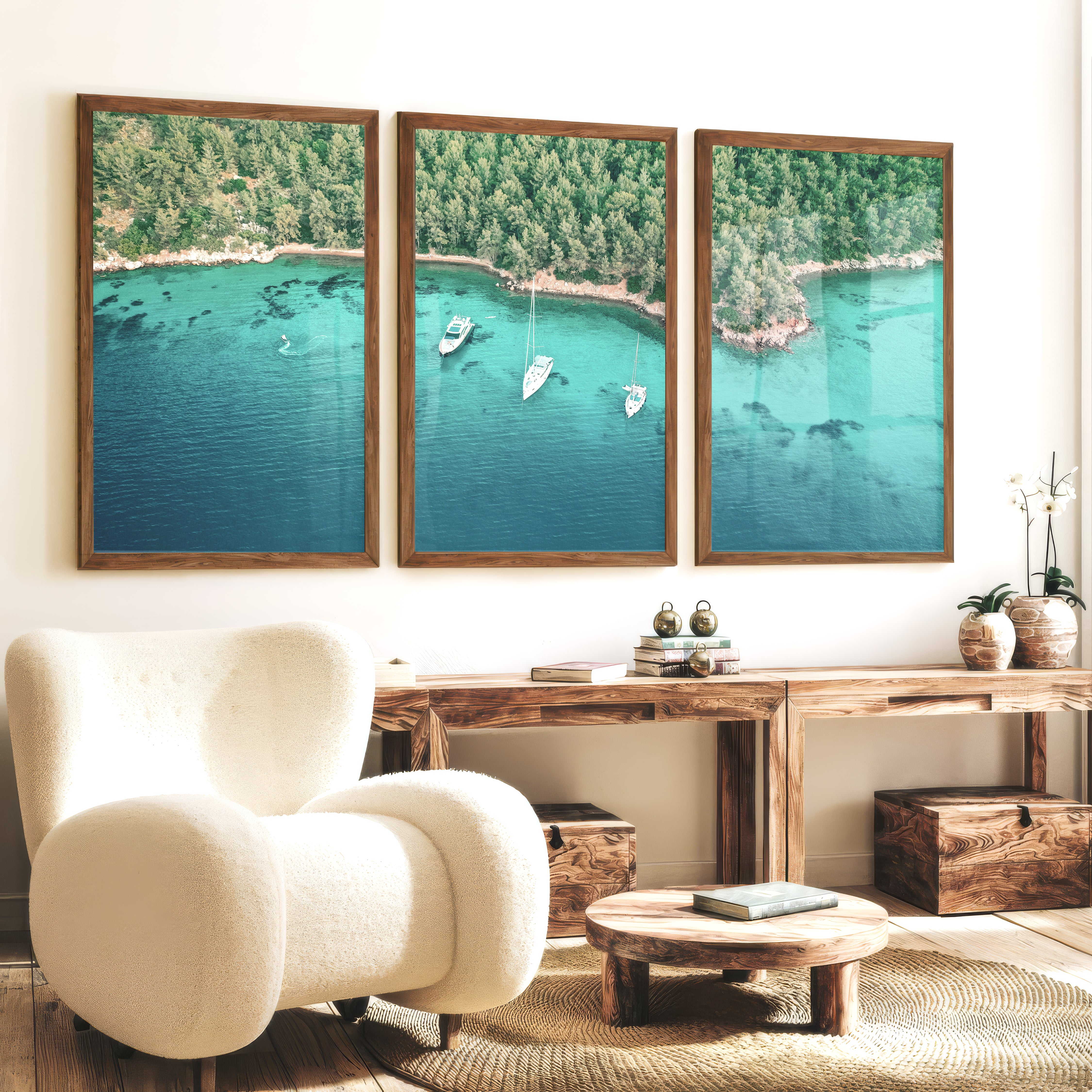 Cove Sailboats ocean view poster - Dark Brown Framed Poster No Border - Artworksets