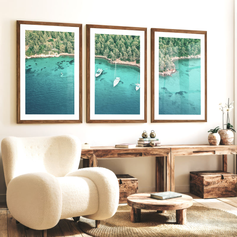 Cove Sailboats ocean view poster - Dark Brown Framed Poster with White Border - Artworksets