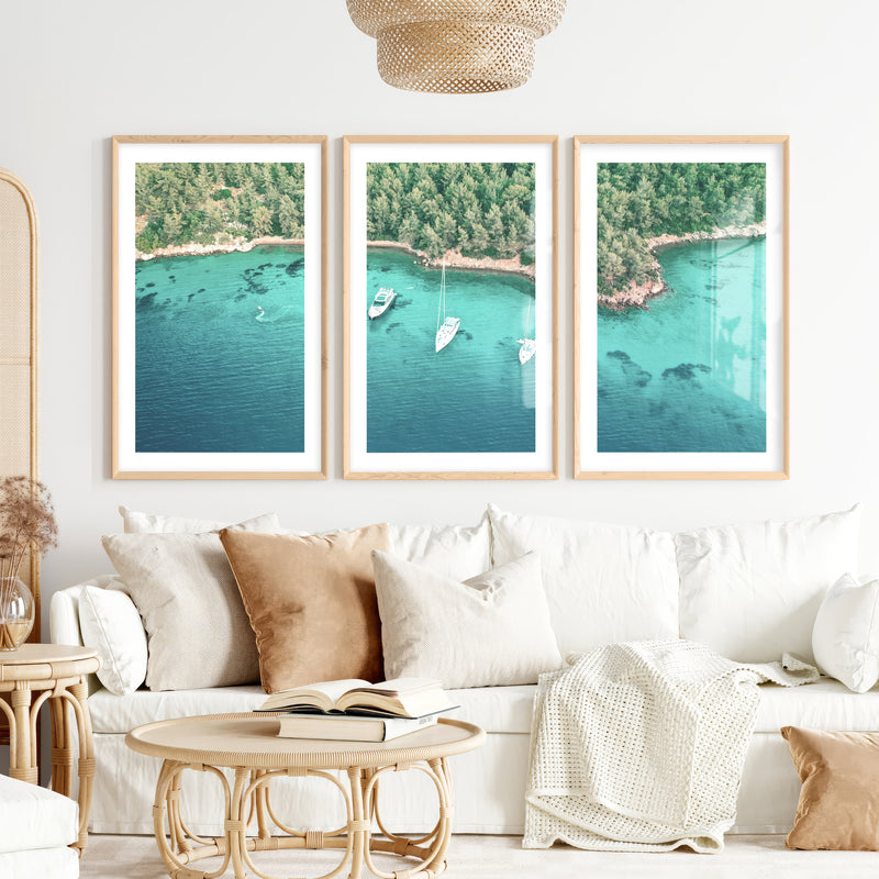 Cove Sailboats ocean view poster- Natural Wood Framed Poster with White Border - Artworksets