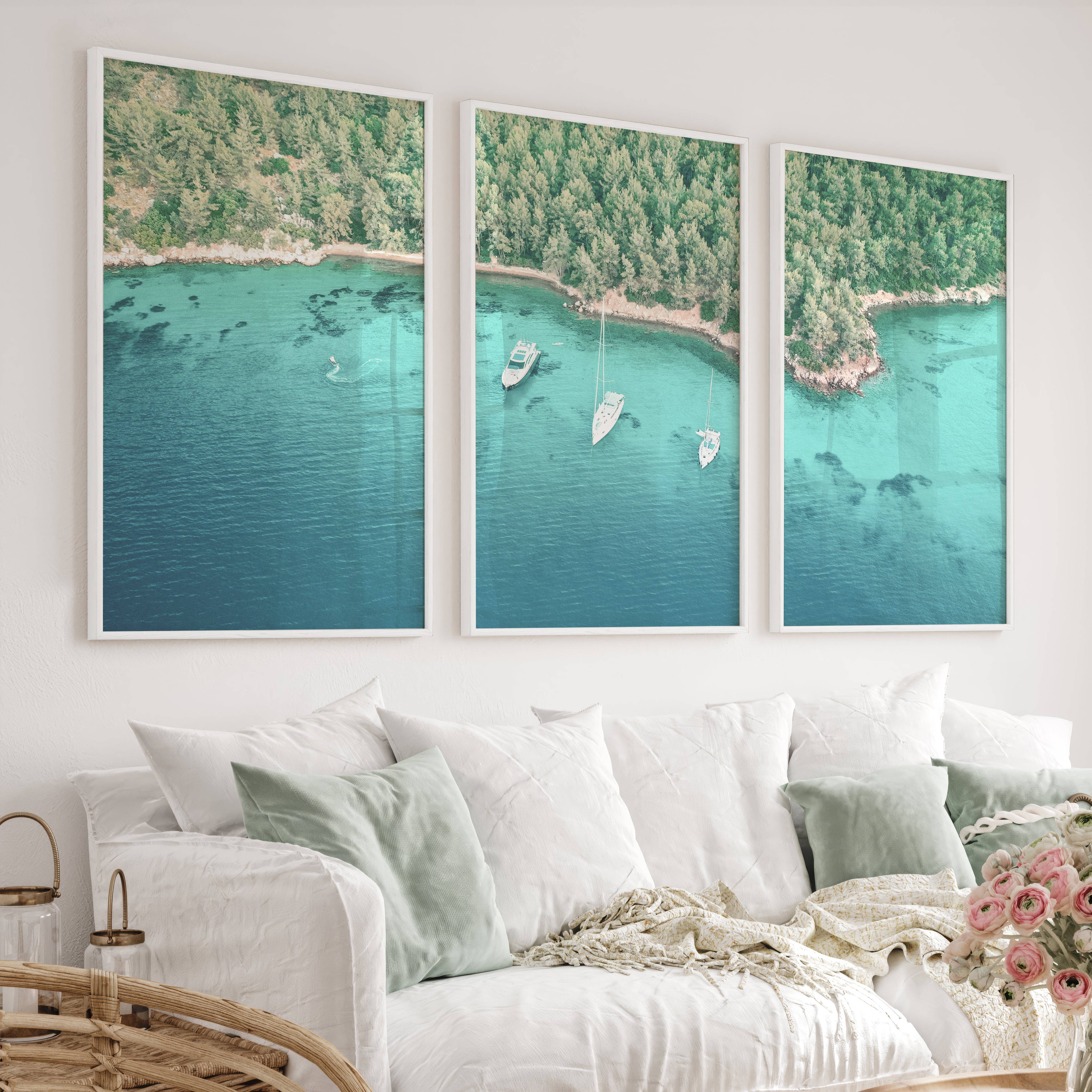 Cove Sailboats ocean view poster - White Framed Poster No Border - Artworksets