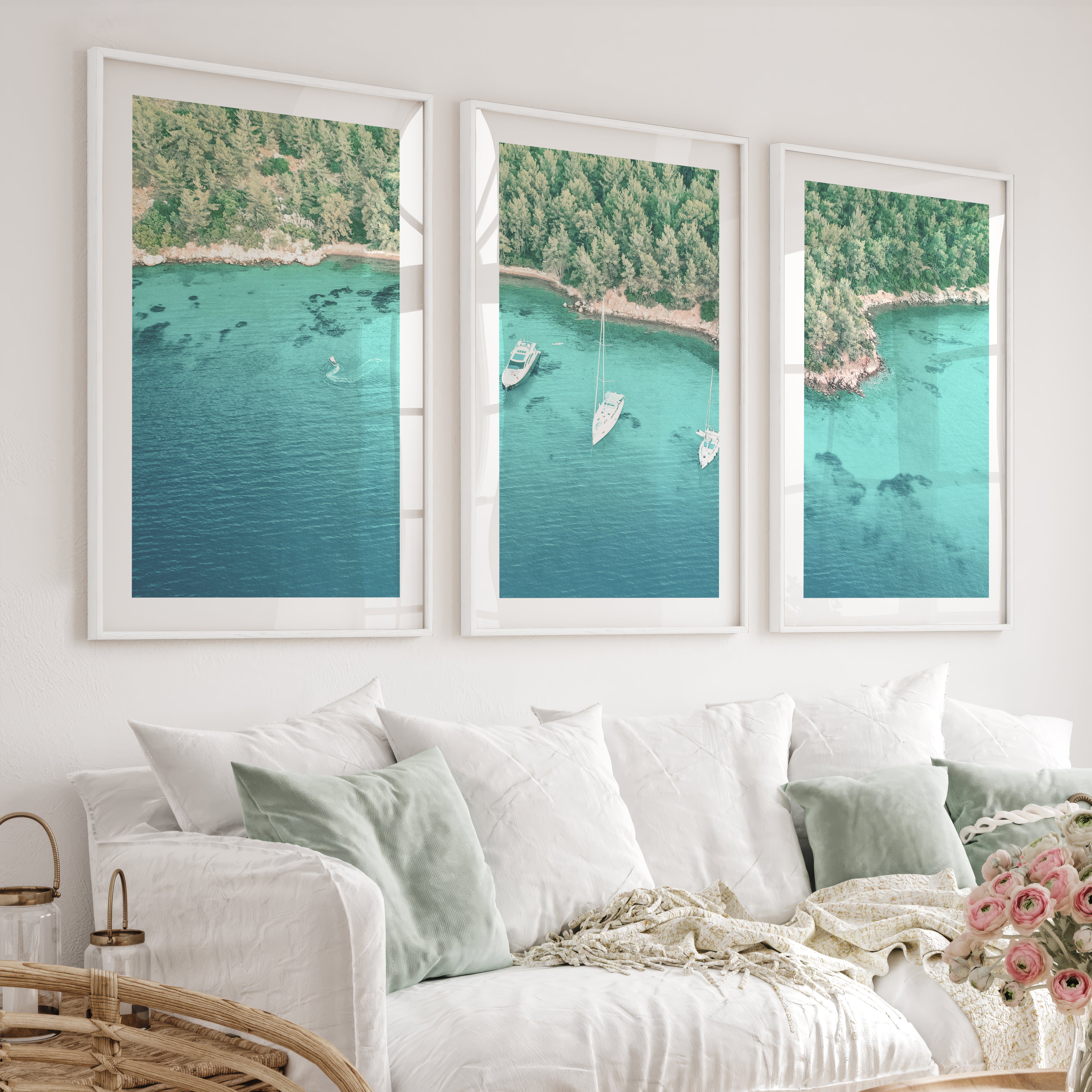 Cove Sailboats ocean view poster - White Framed Poster with White Border - Artworksets