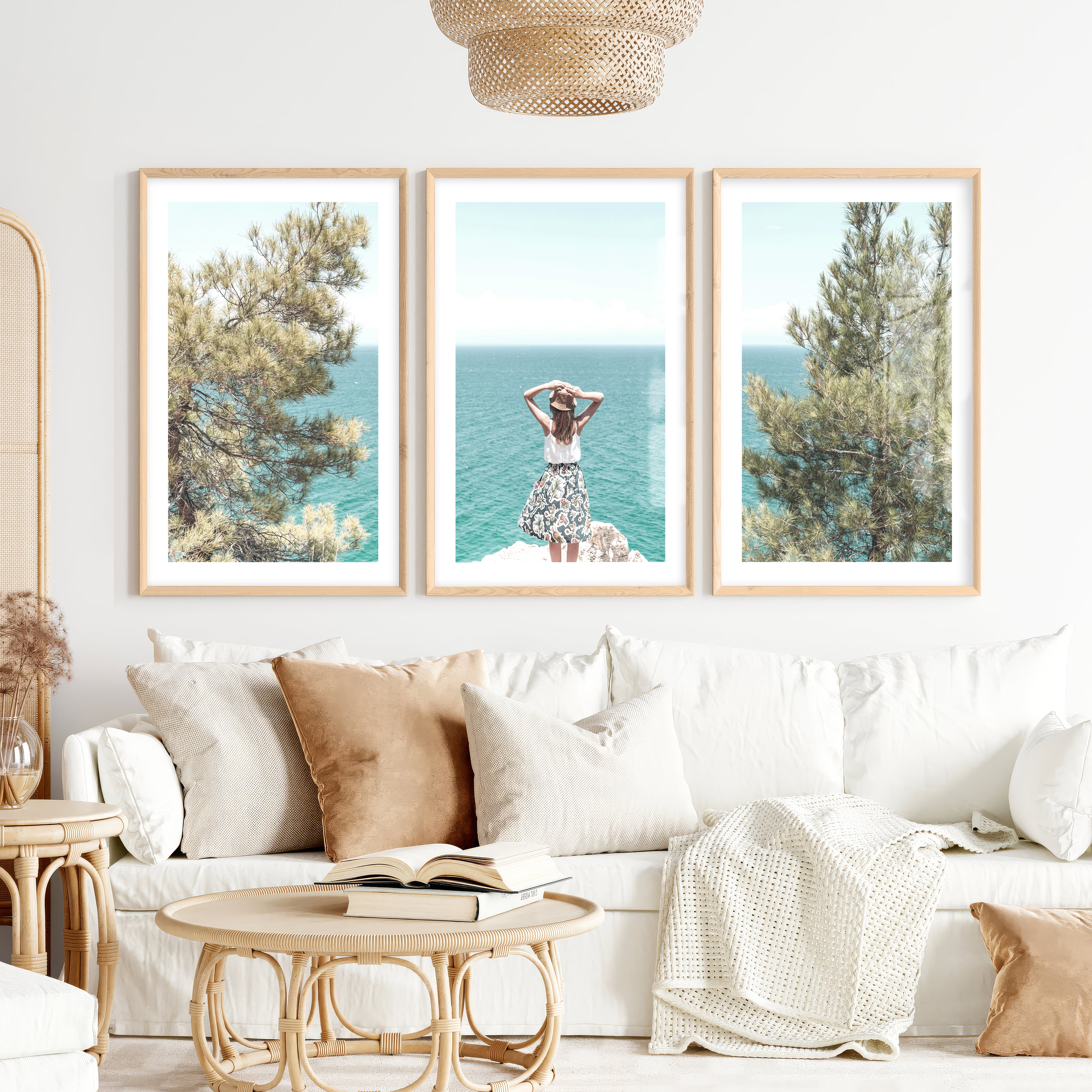 Cliffside ocean view poster- Natural Wood Framed Poster with White Border - Artworksets