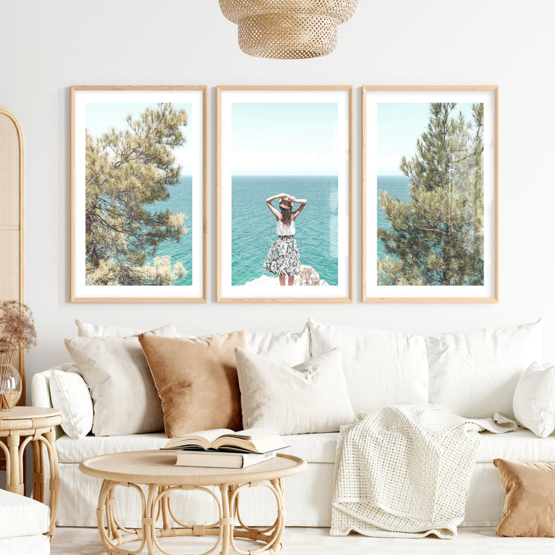 Cliffside ocean view poster- Natural Wood Framed Poster with White Border - Artworksets