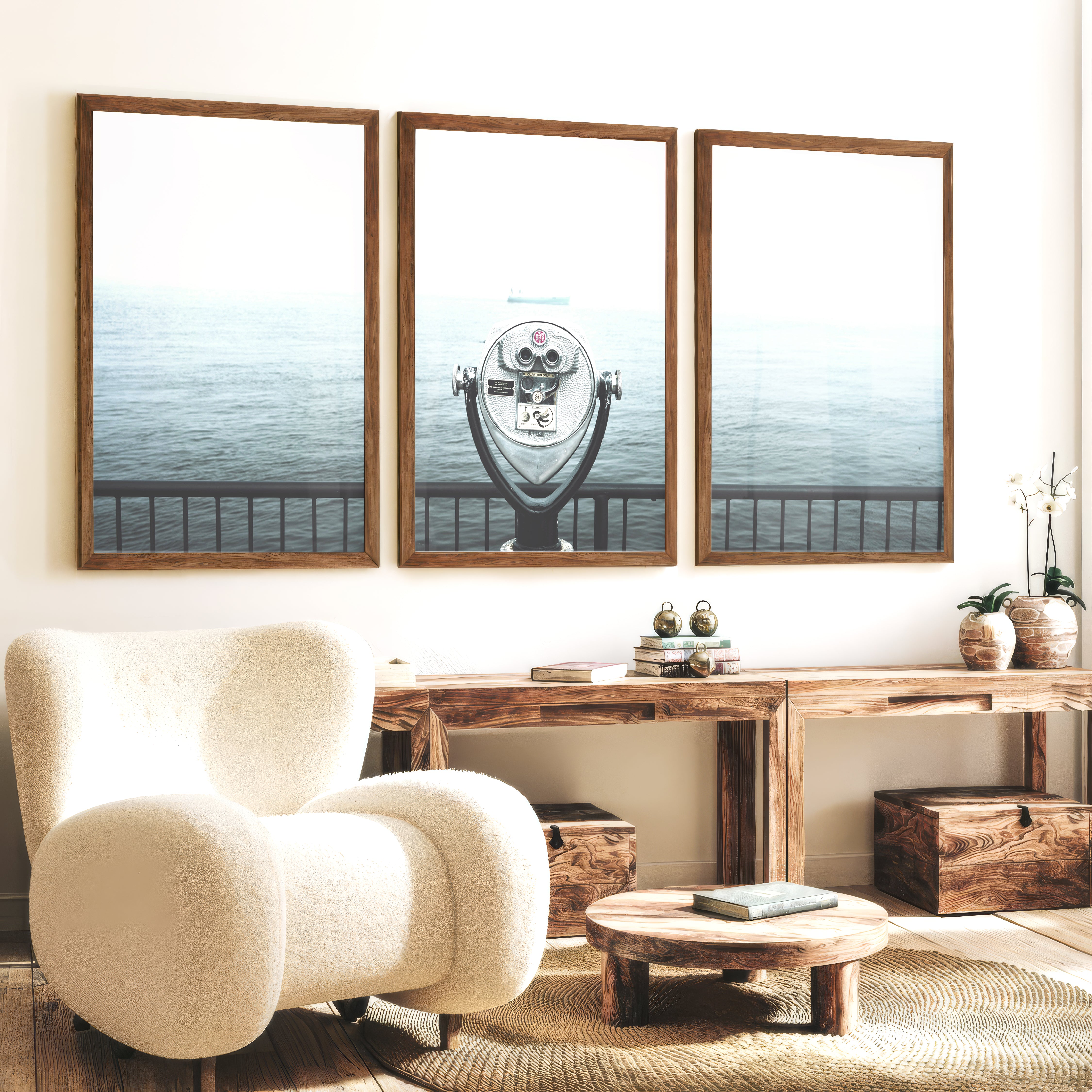 Foggy Sailboat ocean view wall art - Dark Brown Framed Poster No Border - Artworksets