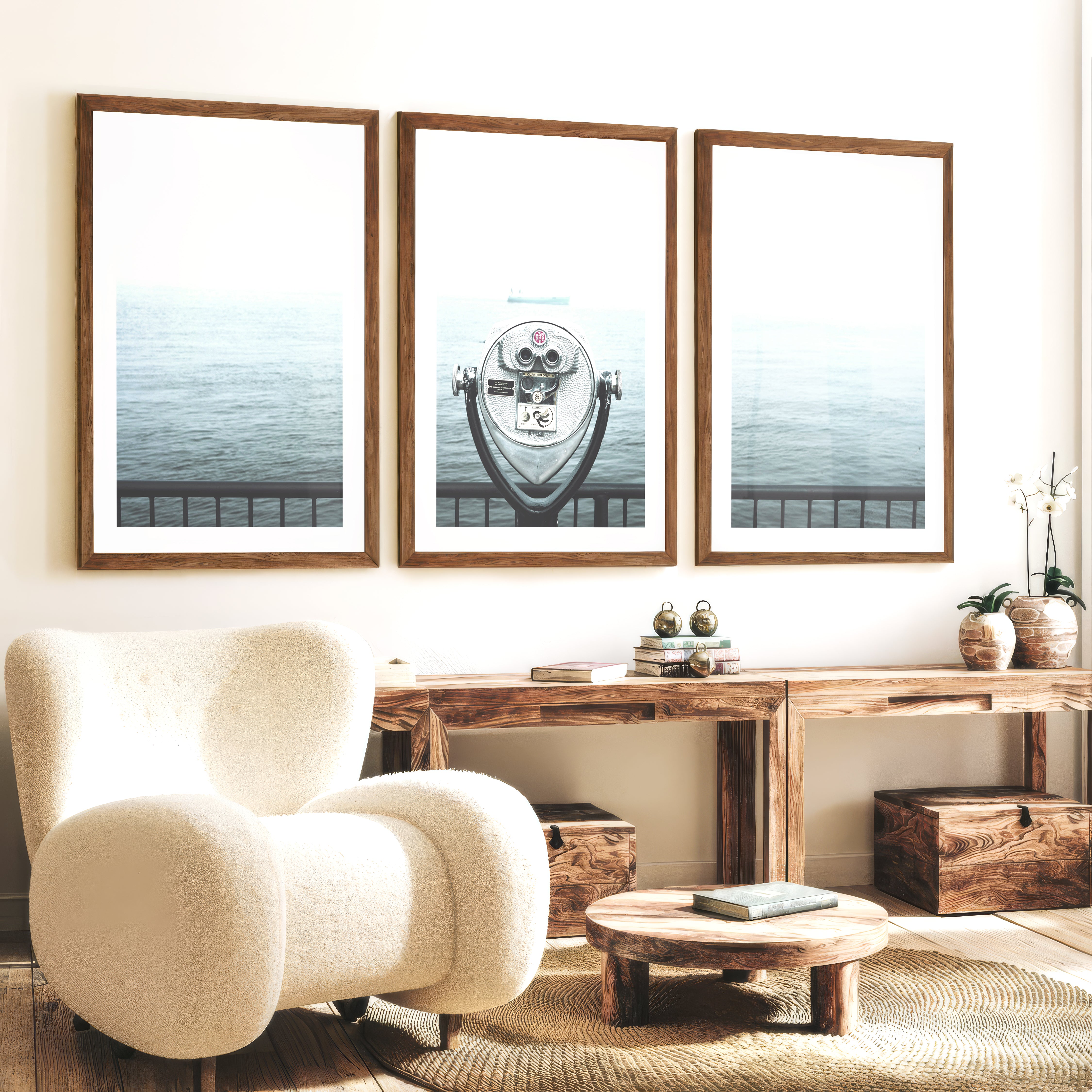 Foggy Sailboat ocean view wall art - Dark Brown Framed Poster with White Border - Artworksets