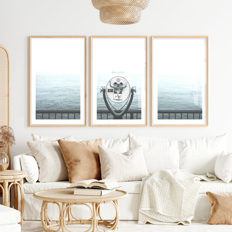Foggy Sailboat ocean view wall art- Natural Wood Framed Poster with White Border - Artworksets