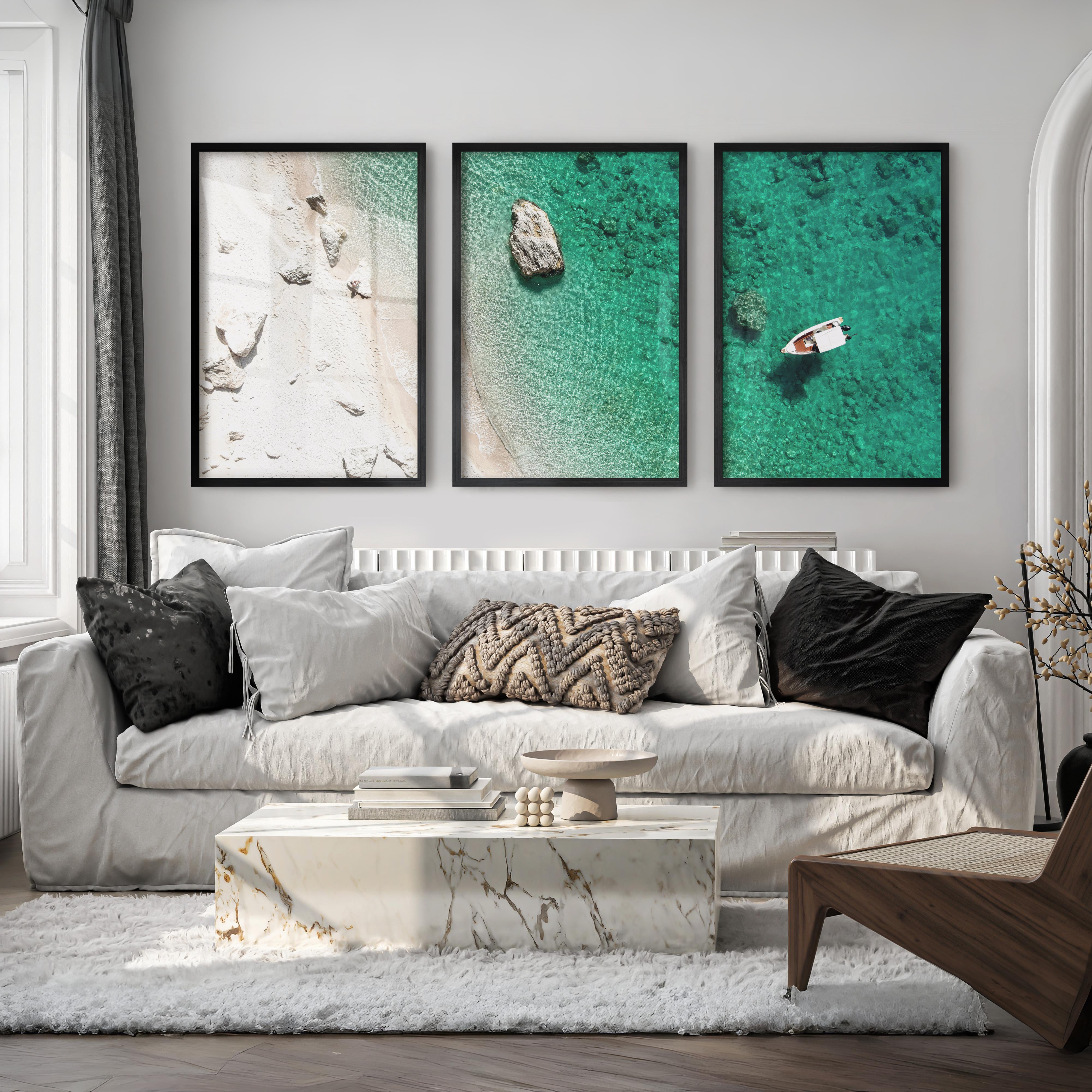 Small Boat ocean view wall art - Black Framed Poster No Border - Artworksets