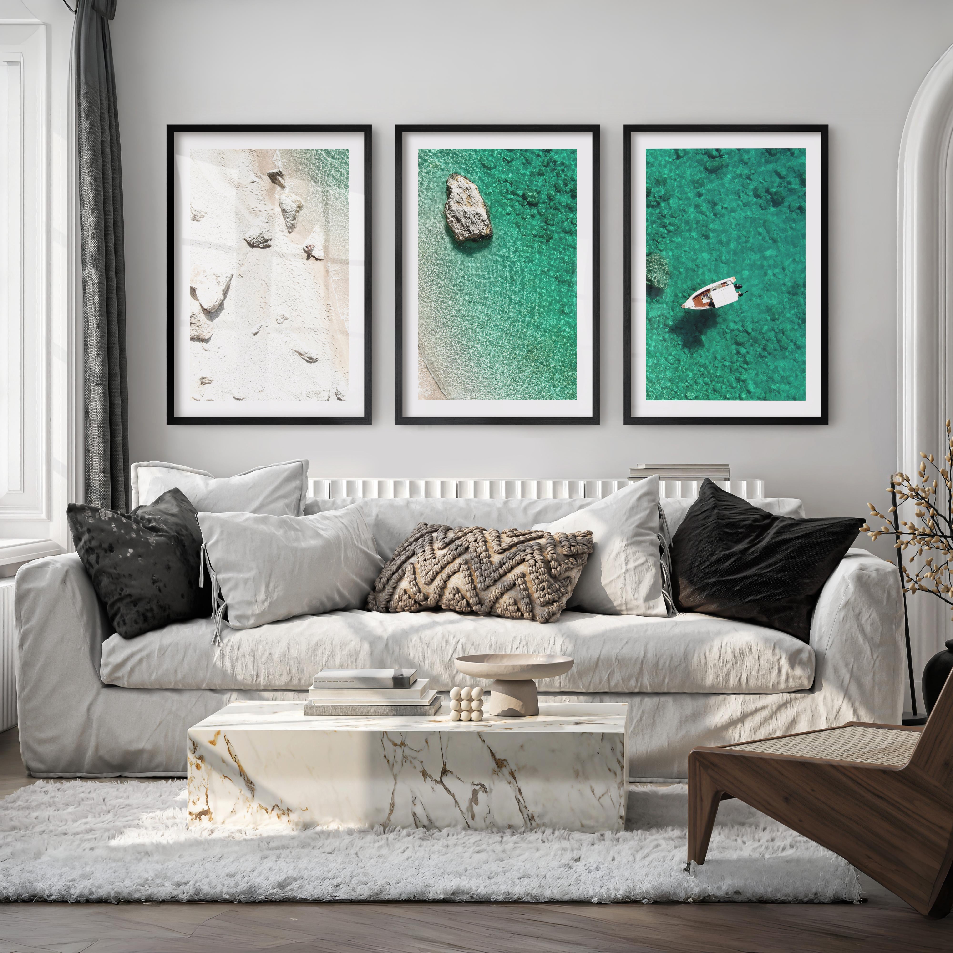 Small Boat ocean view wall art - Black Framed Poster with White Border - Artworksets