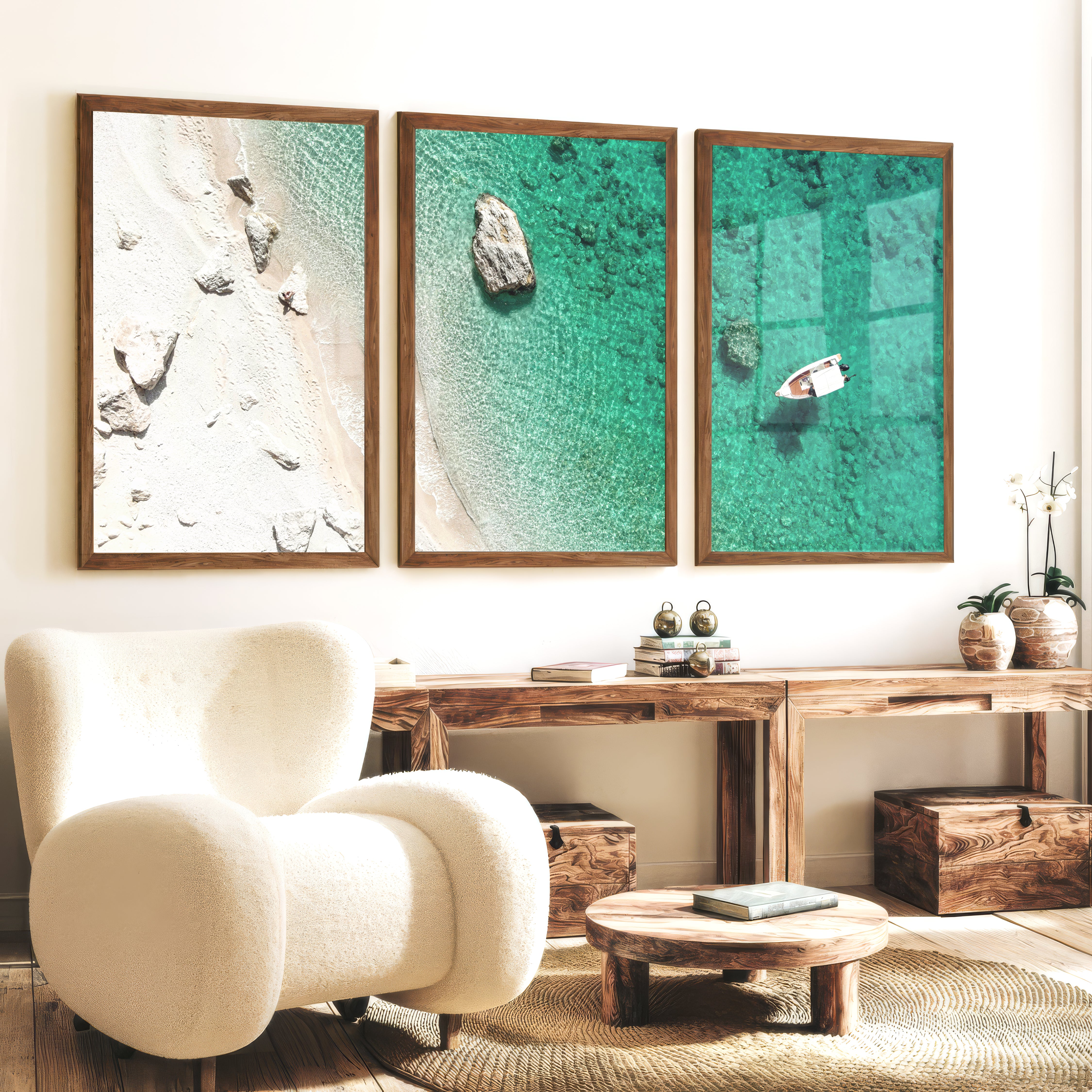 Small Boat ocean view wall art - Dark Brown Framed Poster No Border - Artworksets