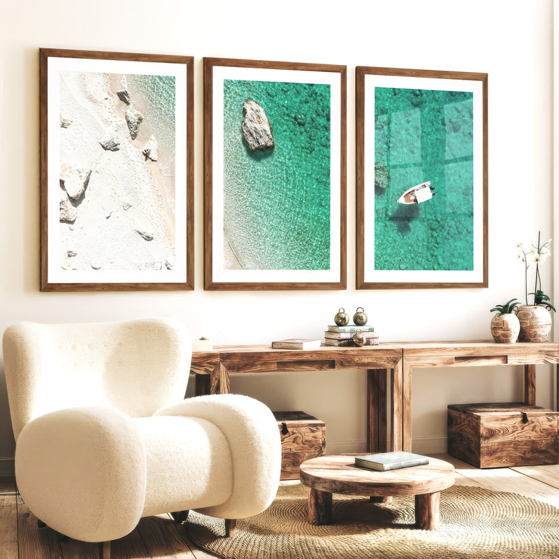 Small Boat ocean view wall art - Dark Brown Framed Poster with White Border - Artworksets