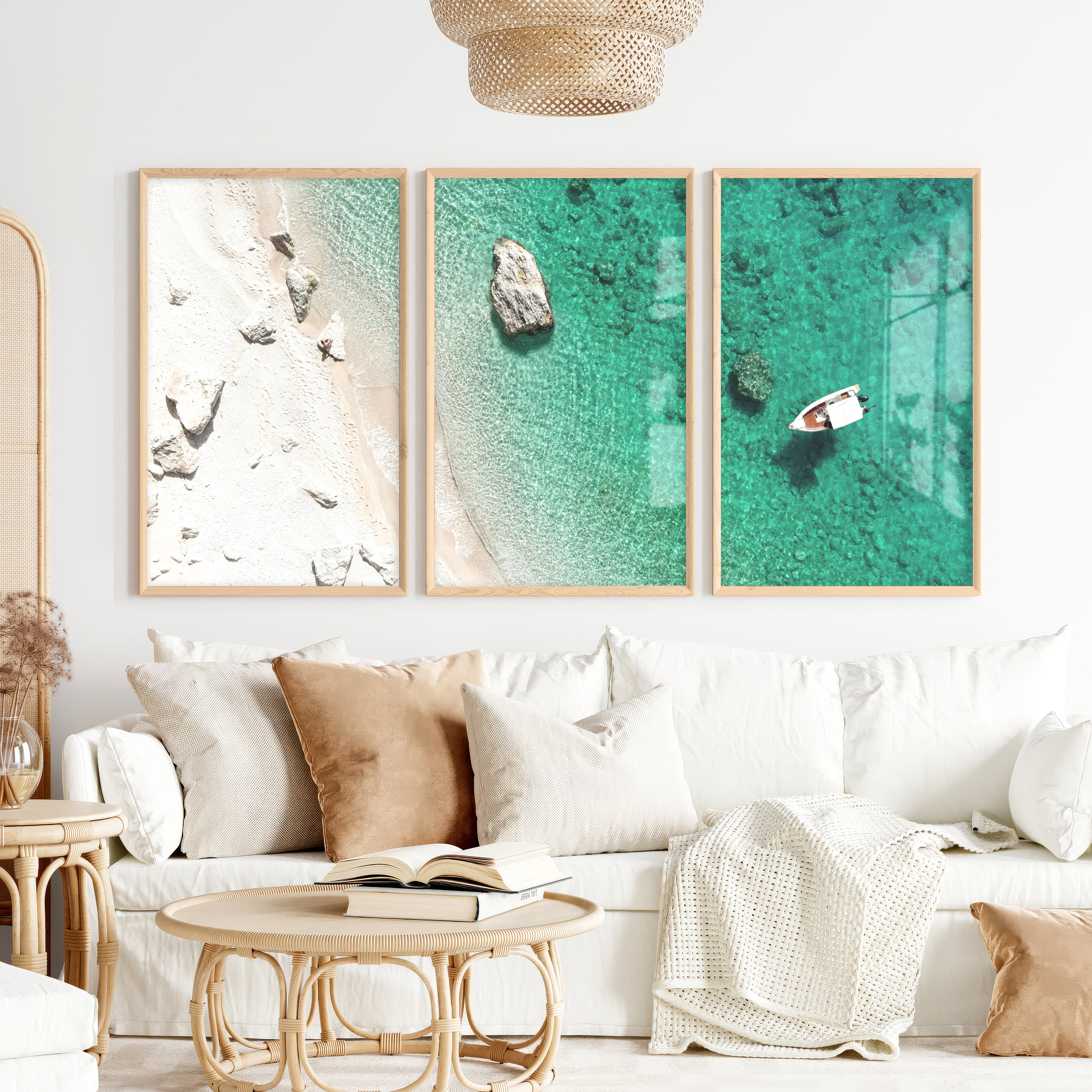 Small Boat ocean view wall art - Natural Wood Framed Poster No Border - Artworksets