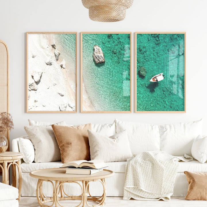 Small Boat ocean view wall art - Natural Wood Framed Poster No Border - Artworksets