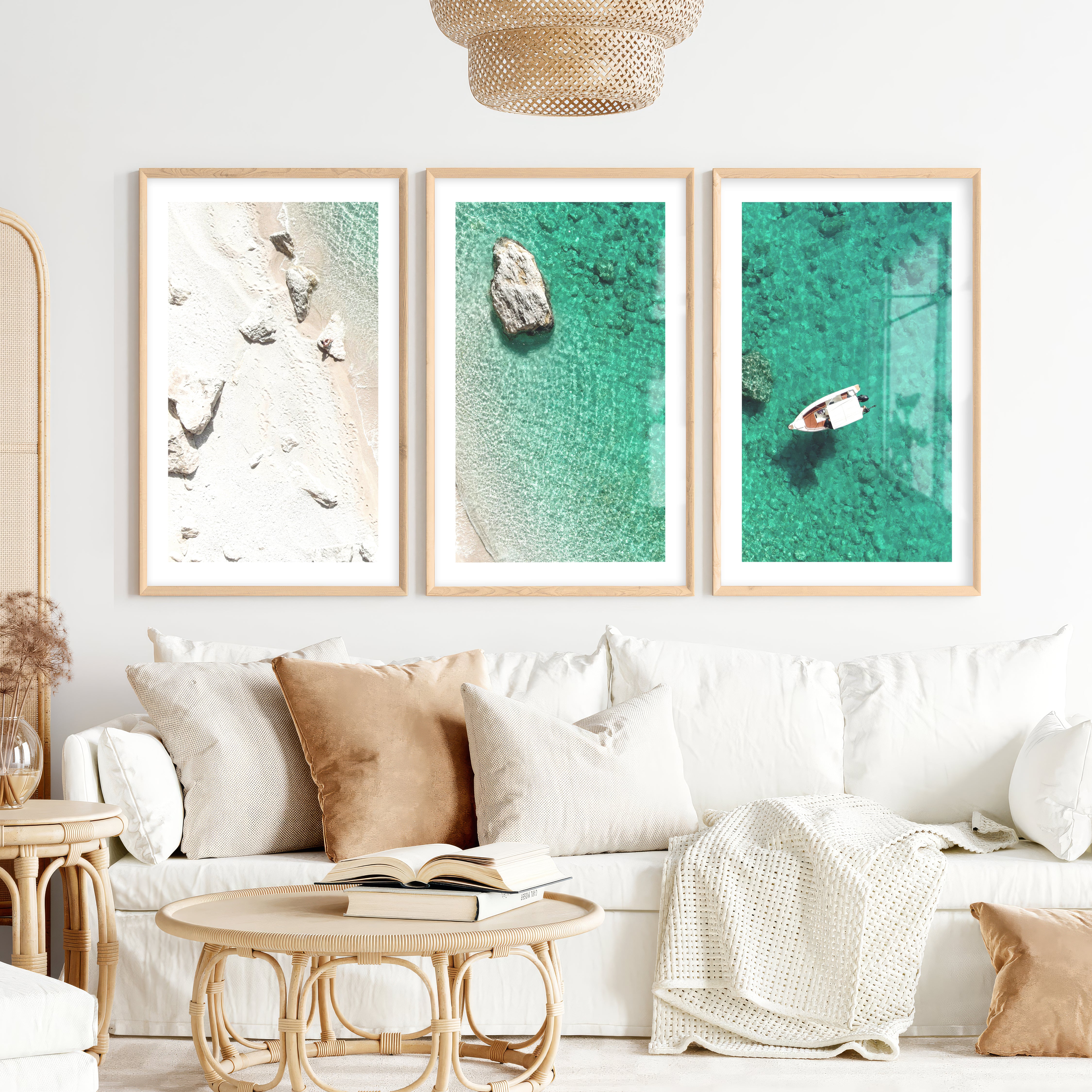 Small Boat ocean view wall art- Natural Wood Framed Poster with White Border - Artworksets