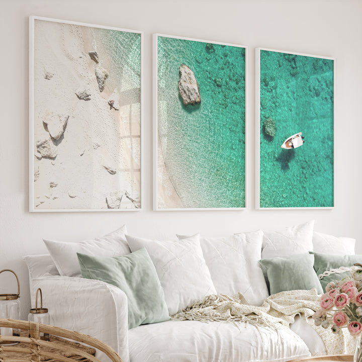 Small Boat ocean view wall art - White Framed Poster No Border - Artworksets